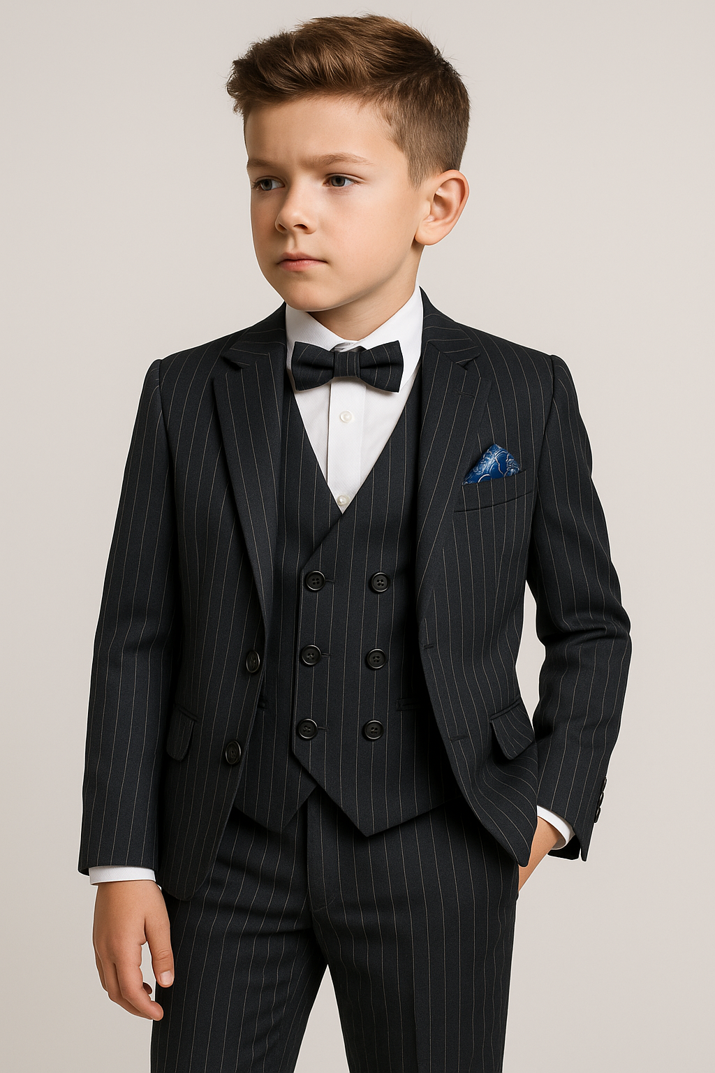 Boys 5-Piece Pinstripe Suit with Double-Breasted Waistcoat - Verona - Black Model Picture