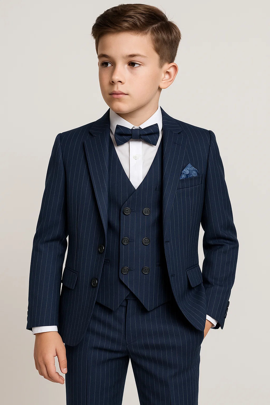 Boys 5-Piece Pinstripe Suit with Double-Breasted Waistcoat - Verona - Navy Bue Model Picture