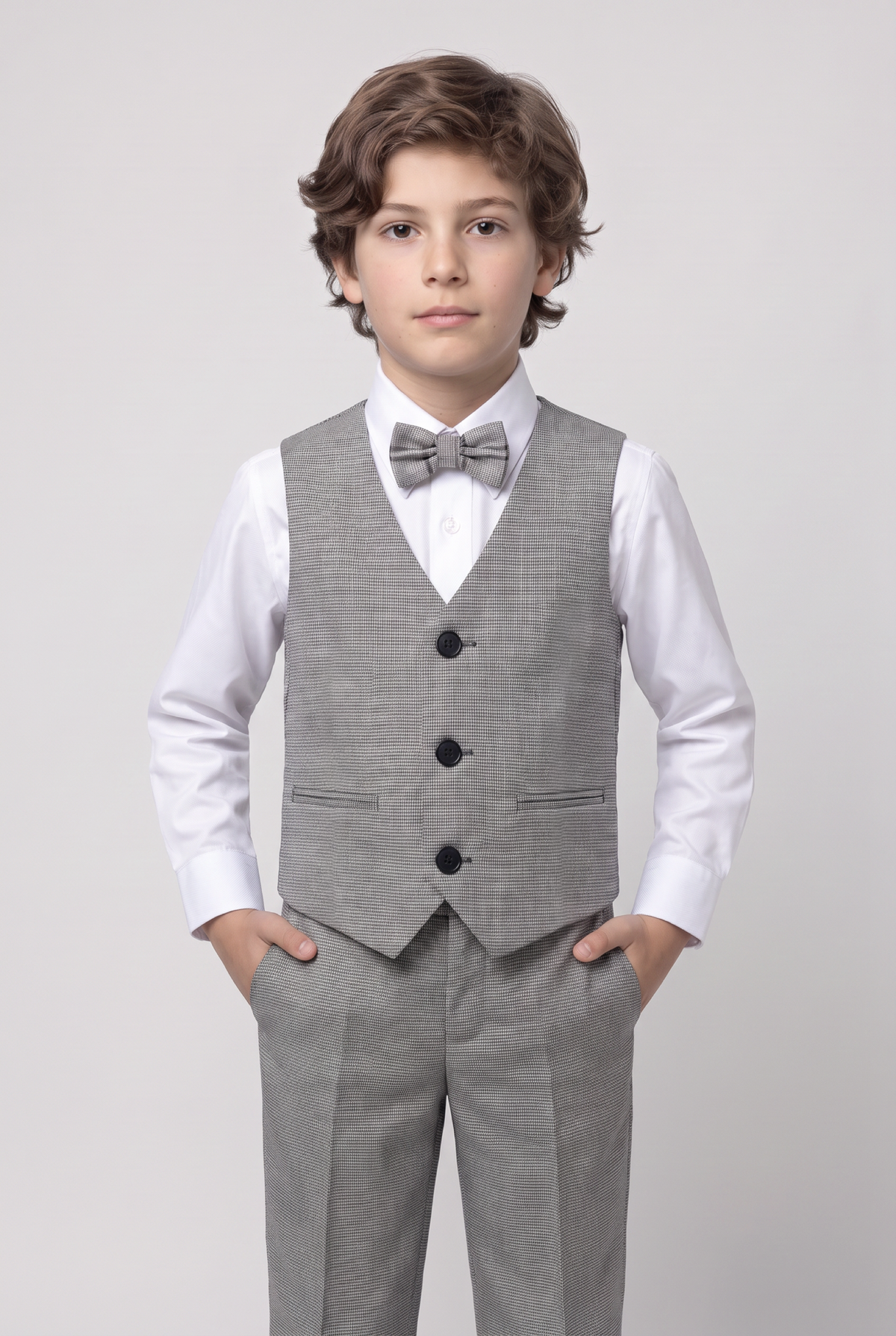 Traje de 5 piezas para niños con corte ajustado y cuadro ventana - Ekose - GRIS CENIZA Y NEGRO