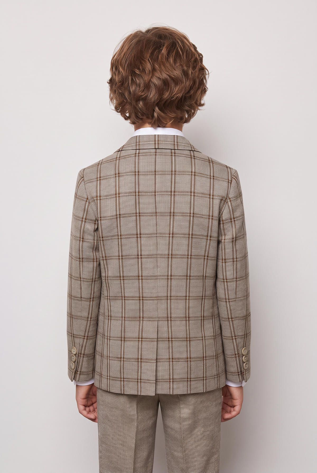 Boys 5-Piece Slim Fit Windowpane Check Suit - Ekose - CREAM & TAUPE BROWN Back Picture