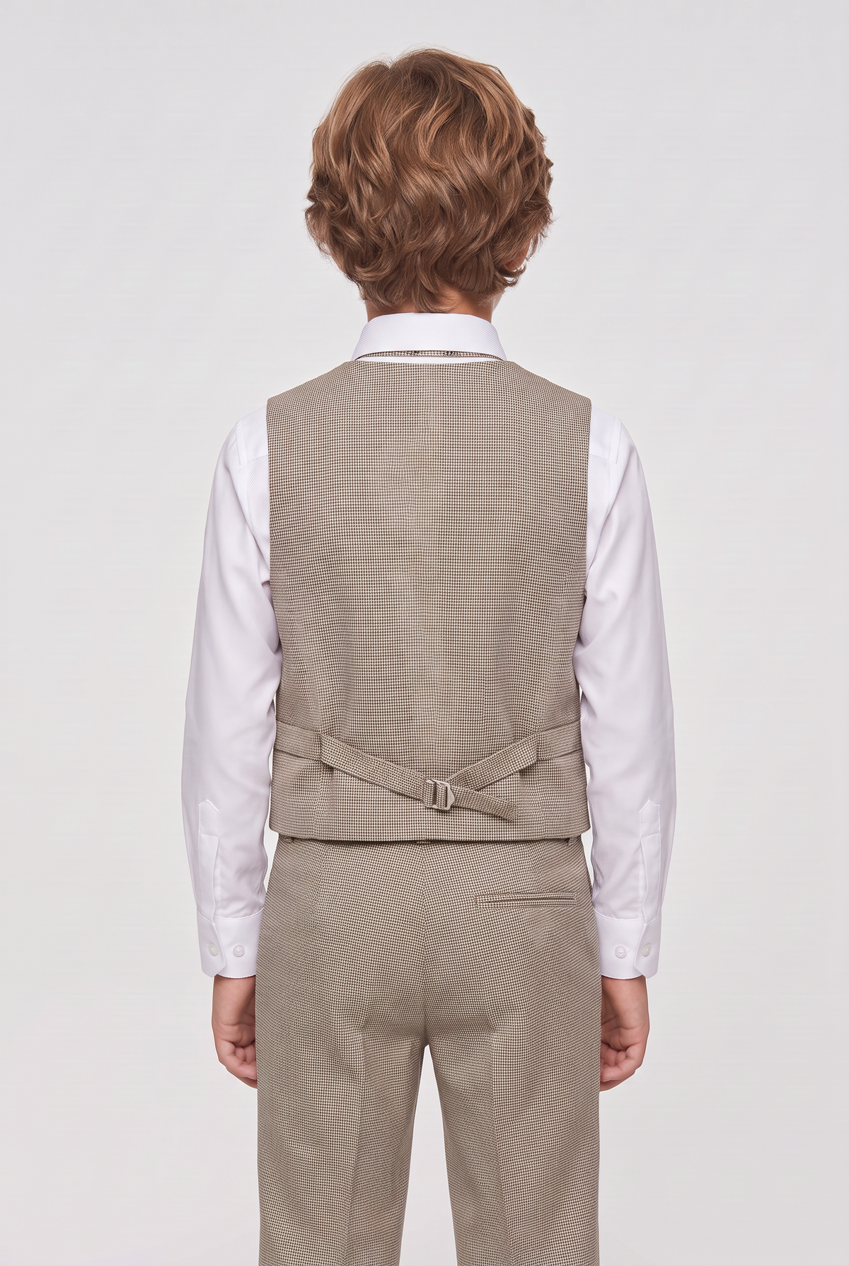 Boys 5-Piece Slim Fit Windowpane Check Suit - Ekose - CREAM & TAUPE BROWN Model Waistcoat back picture