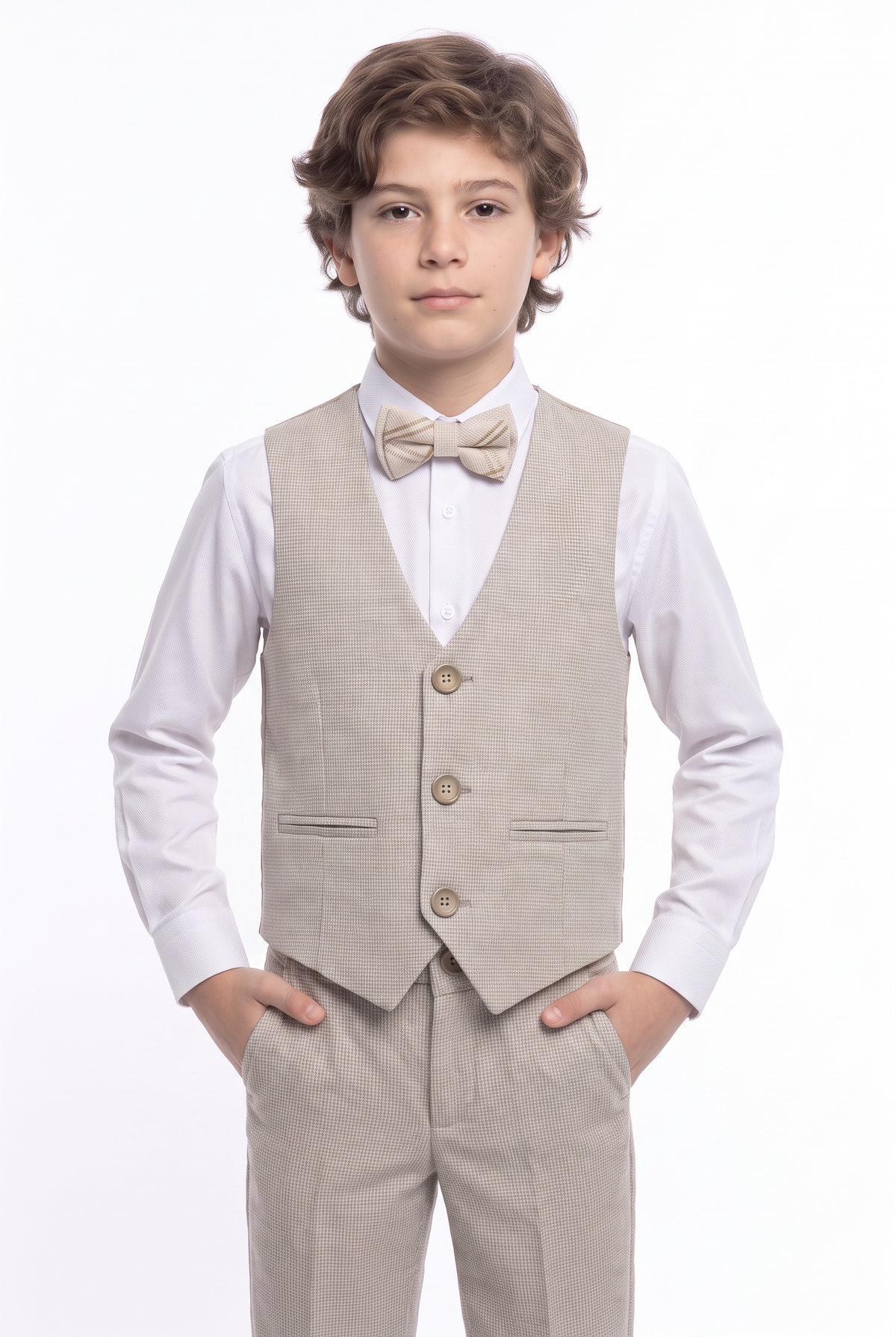 Boys 5-Piece Slim Fit Windowpane Check Suit - Ekose - IVORY & CARAMEL BEIGE front picture