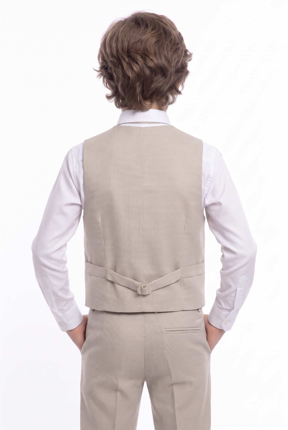Boys 5-Piece Slim Fit Windowpane Check Suit - Ekose - IVORY & CARAMEL BEIGE model back picture