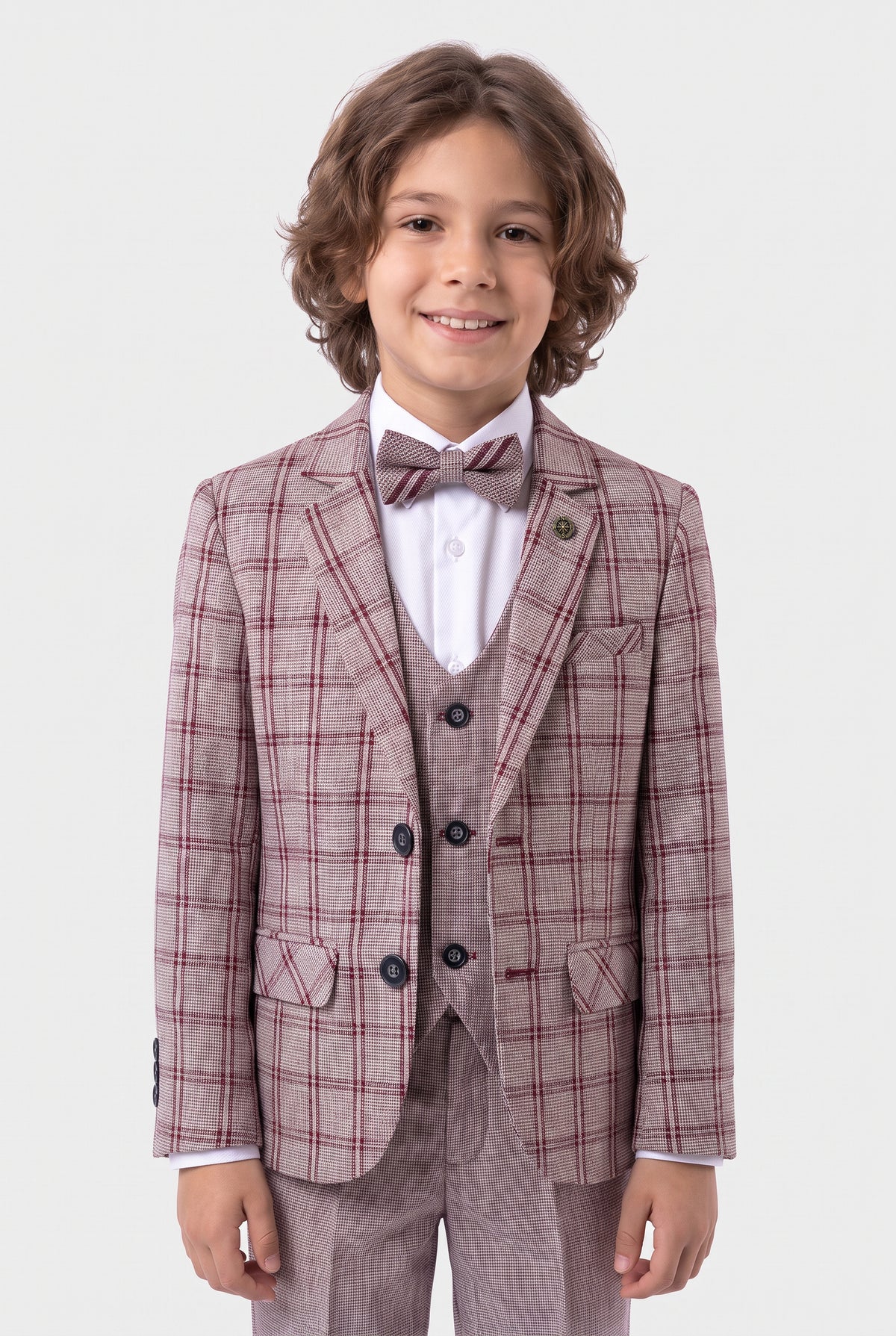 Boys 5-Piece Slim Fit Windowpane Check Suit - Ekose - LILAC & BROWN Model Front Picture