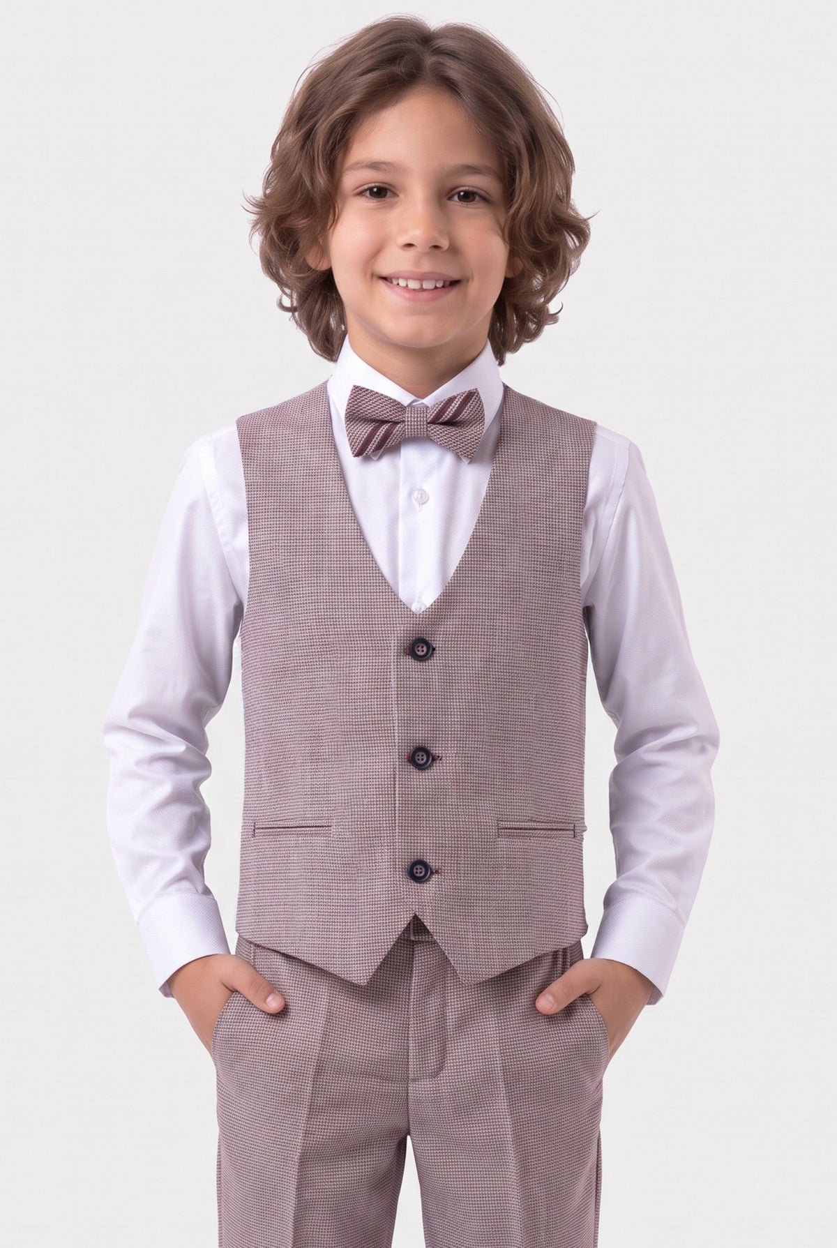 Boys 5-Piece Slim Fit Windowpane Check Suit - Ekose - LILAC & BROWN Model Picture