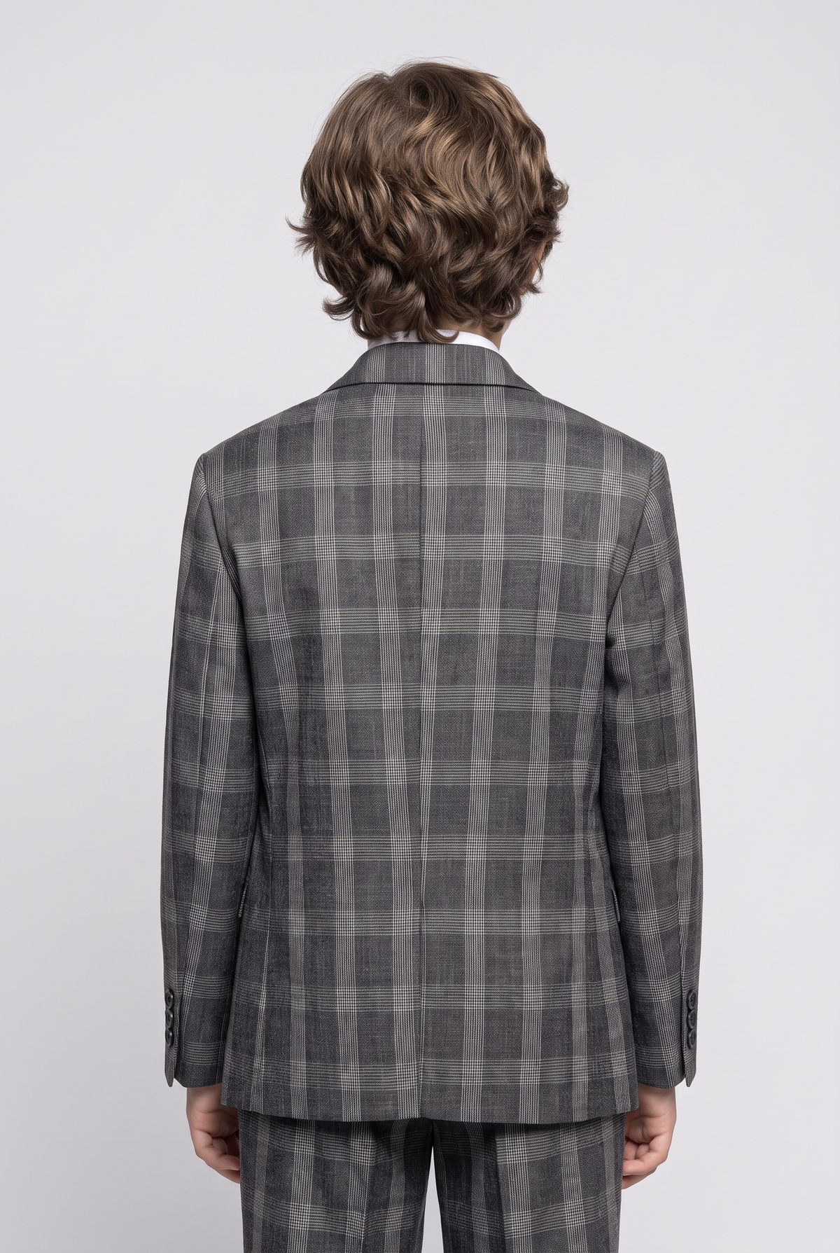 Boys 5-Piece Slim Fit Windowpane Check Suit - Ekose Dark Grey Model Back Picture