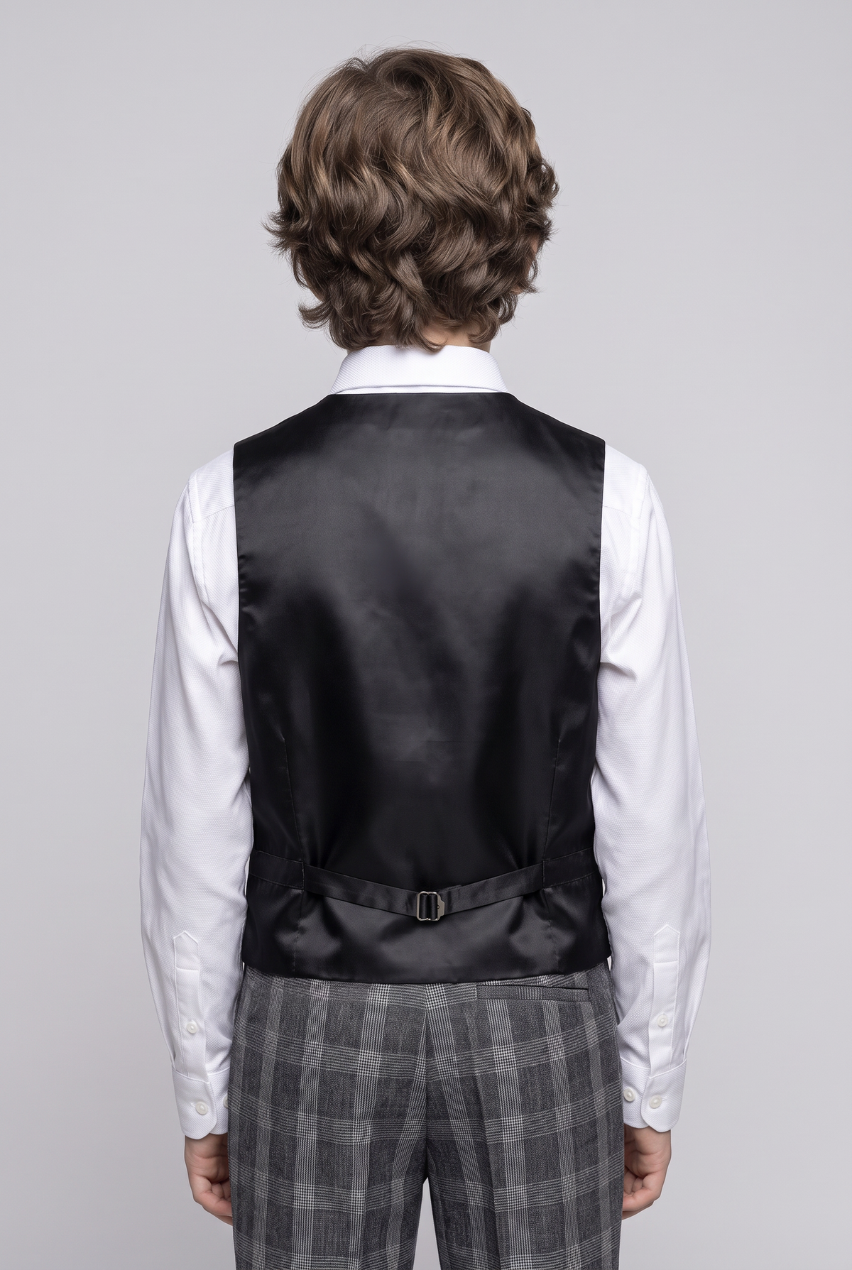 Boys 5-Piece Slim Fit Windowpane Check Suit - Ekose Dark Grey Waistcoat Model Back Picture