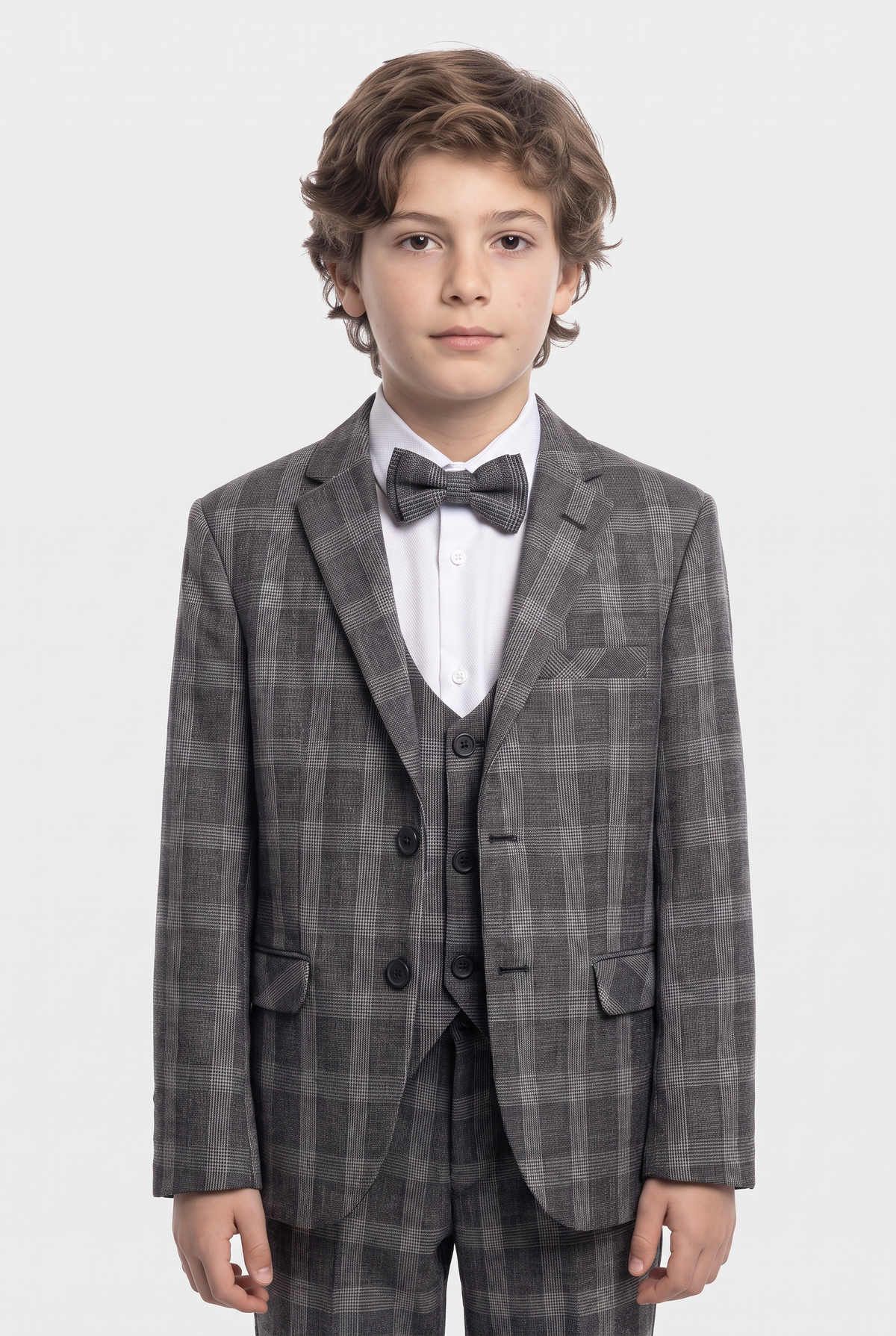 Boys 5-Piece Slim Fit Windowpane Check Suit - Ekose Dark Grey Model Front Picture
