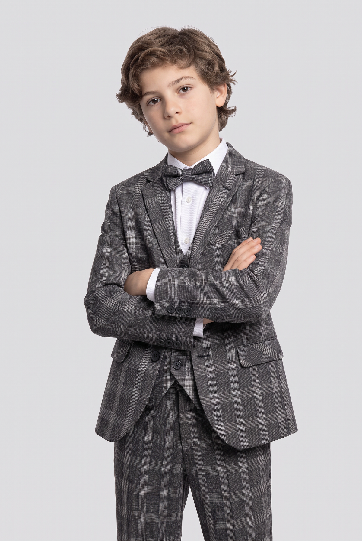 Boys 5-Piece Slim Fit Windowpane Check Suit - Ekose Dark Grey