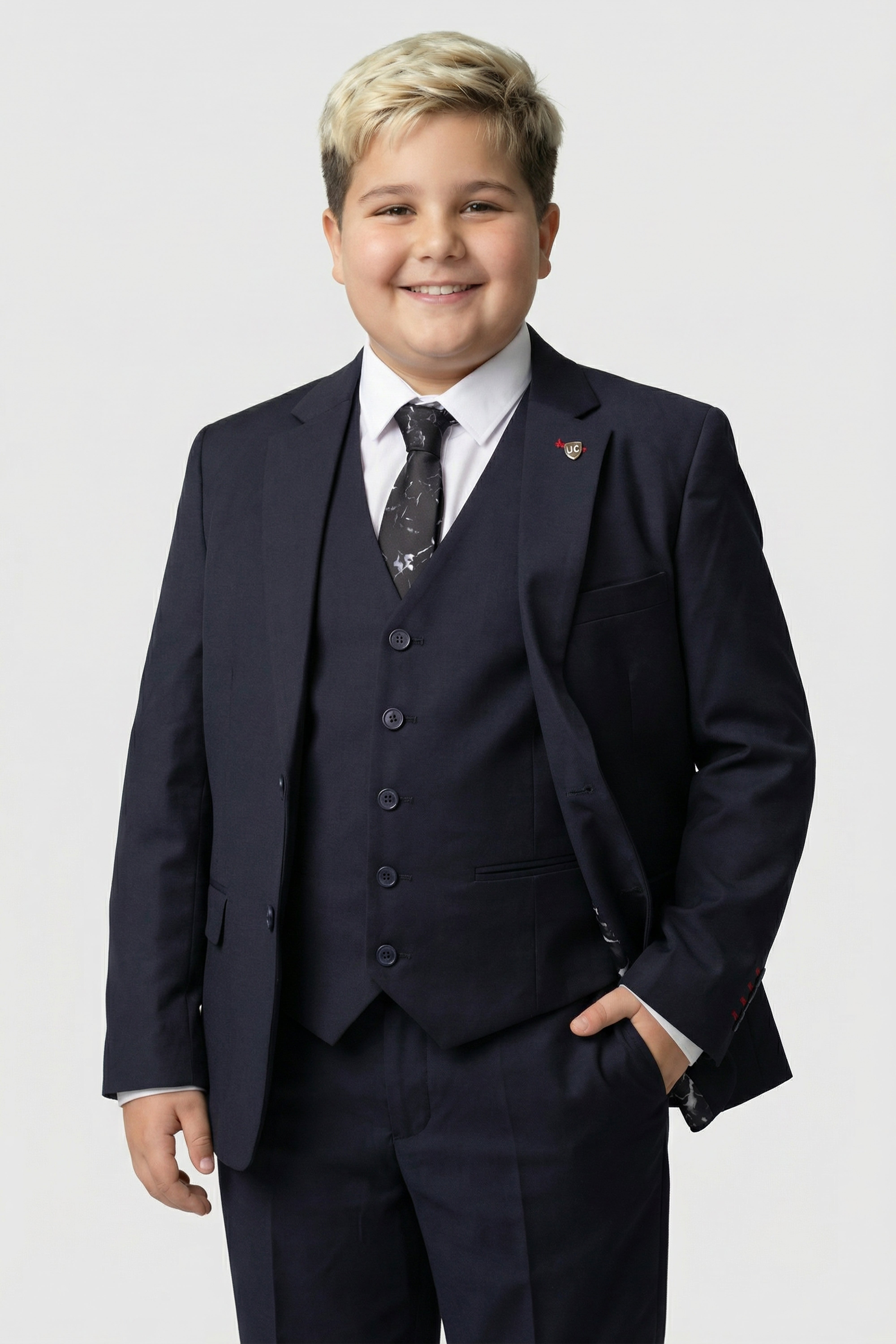 Boys 5-Piece Tailored Fit Formal Suit - Grant - Dark Navy Blue Front Picture for Husky Size