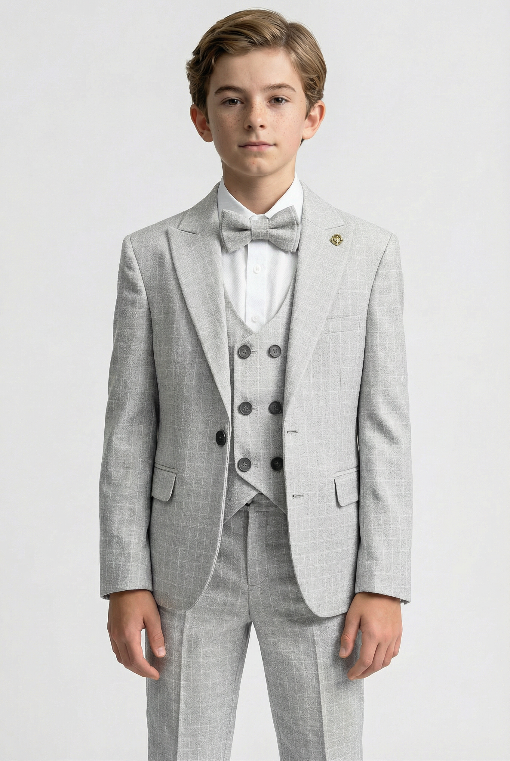 Boys 5-Piece Textured Micro Check Suit - KARELI - Light Grey Model Picture