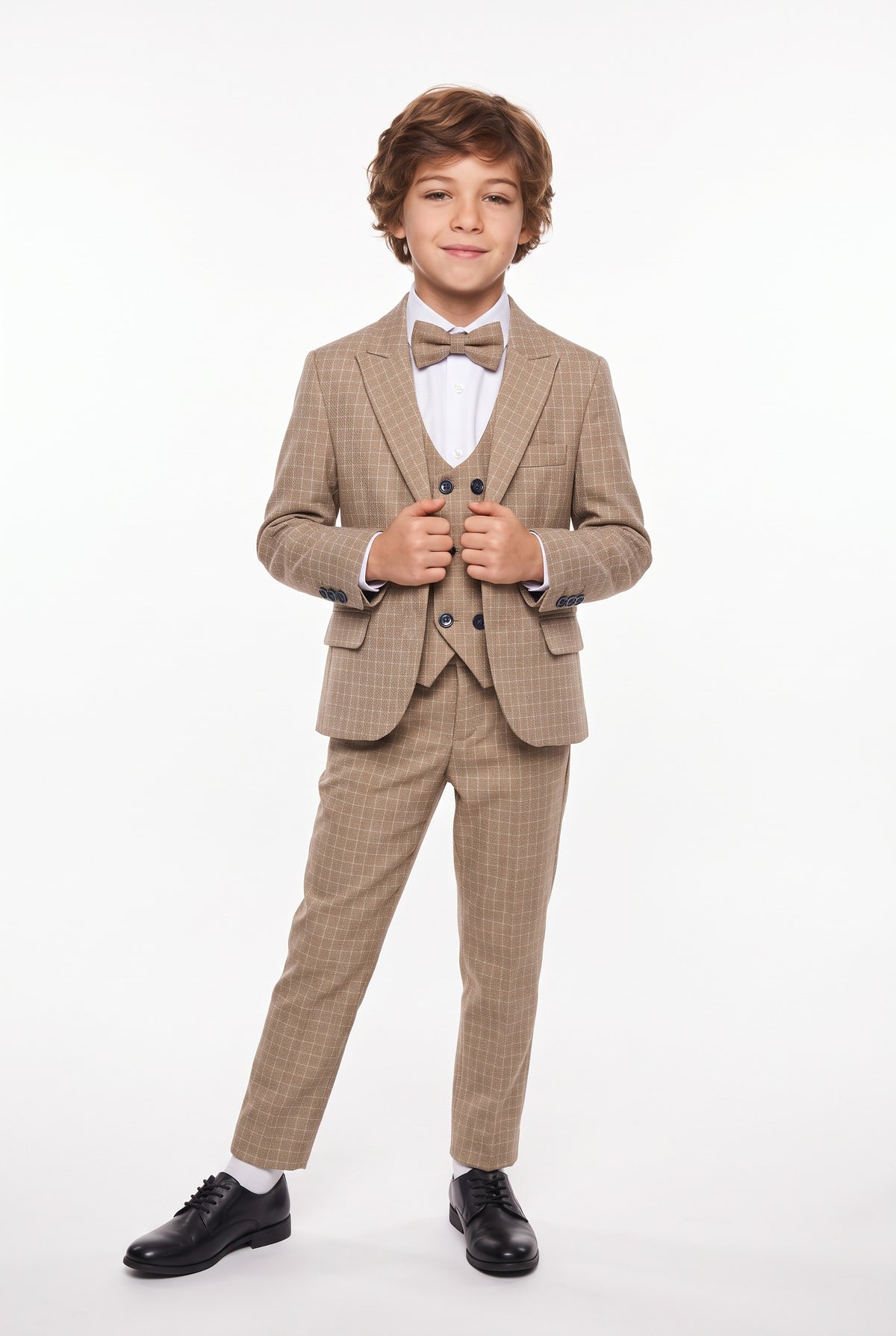 Boys 5-Piece Textured Micro Windowpane Check Suit - KARELI- Beige Front Picture