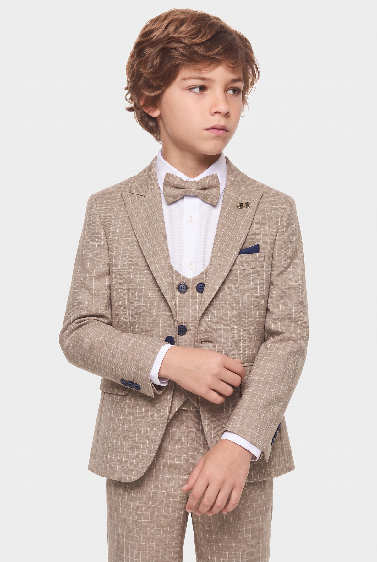 Boys 5-Piece Textured Micro Windowpane Check Suit - KARELI- Camel