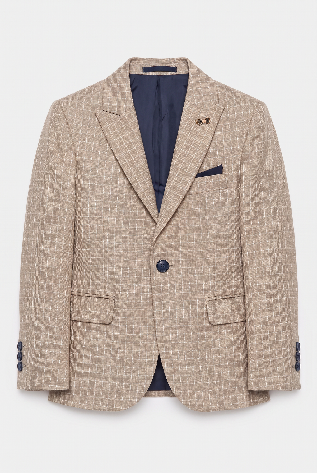 Boys 5-Piece Textured Micro Windowpane Check Suit - KARELI- Camel Blazer Picture