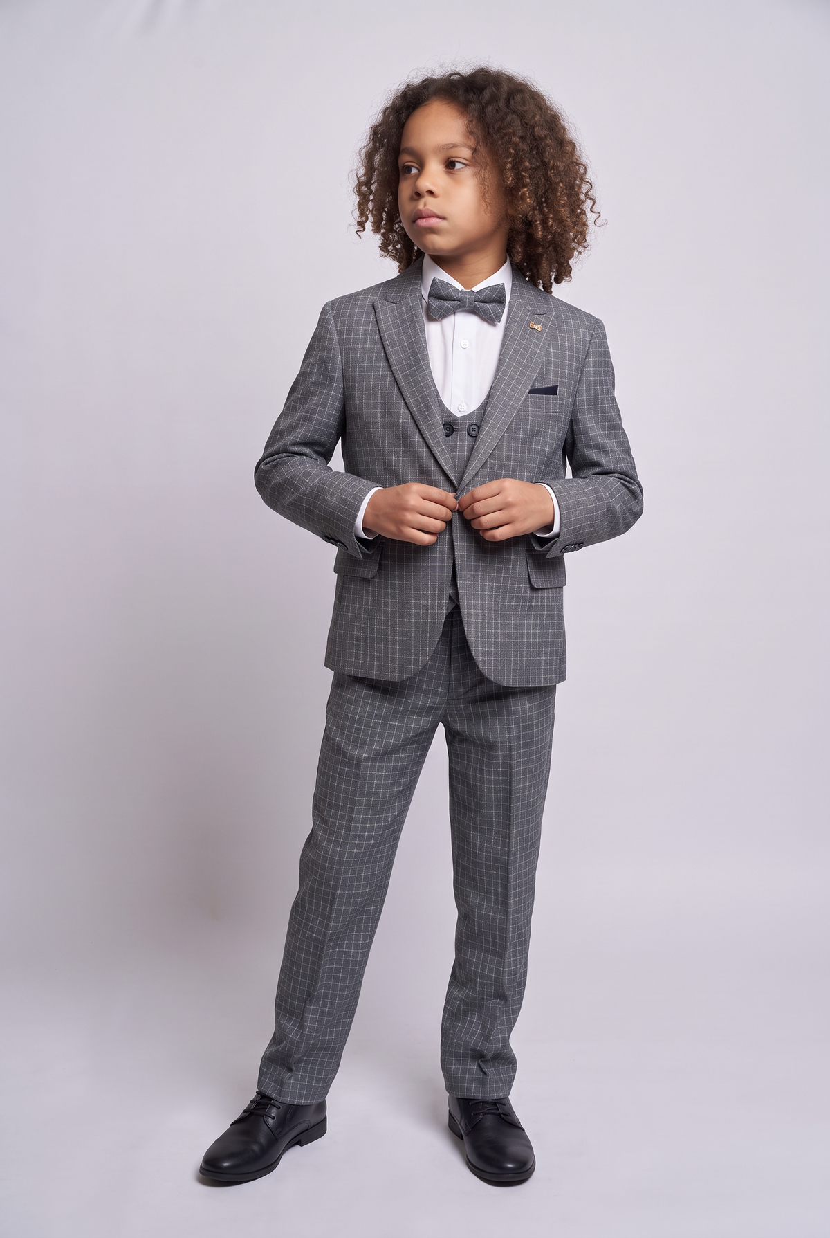 Boys 5-Piece Textured Micro Windowpane Check Suit - KARELI- Charcoal Grey Model Front Picture