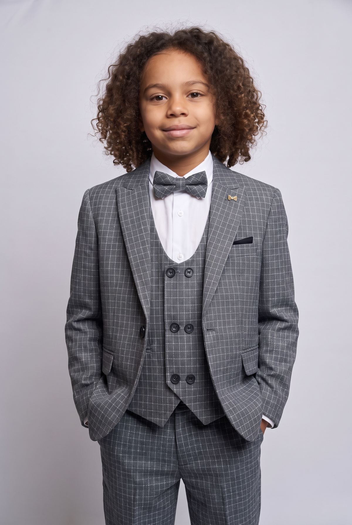 Boys 5-Piece Textured Micro Windowpane Check Suit - KARELI- Charcoal Grey Model Picture