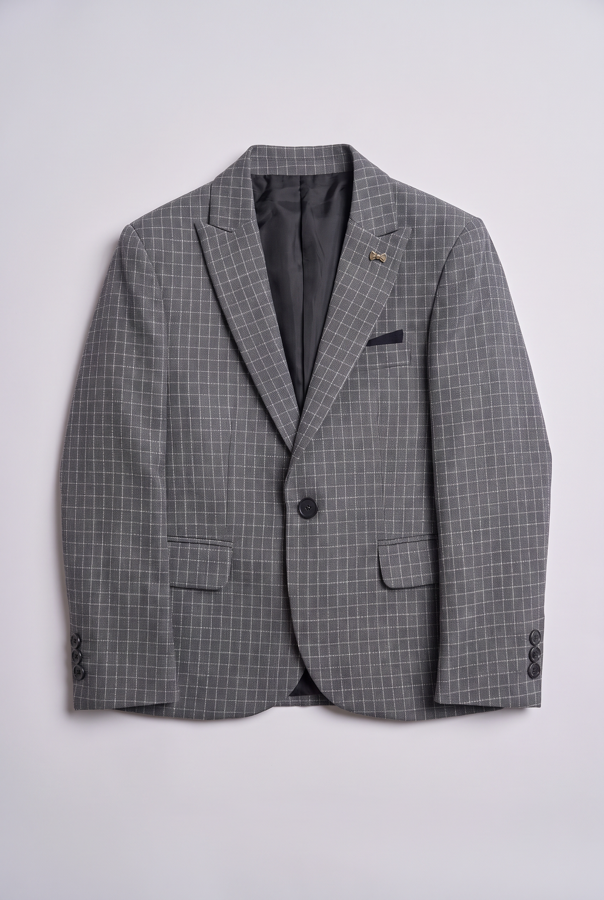Boys 5-Piece Textured Micro Windowpane Check Suit - KARELI- Charcoal Grey Blazer Front Picture