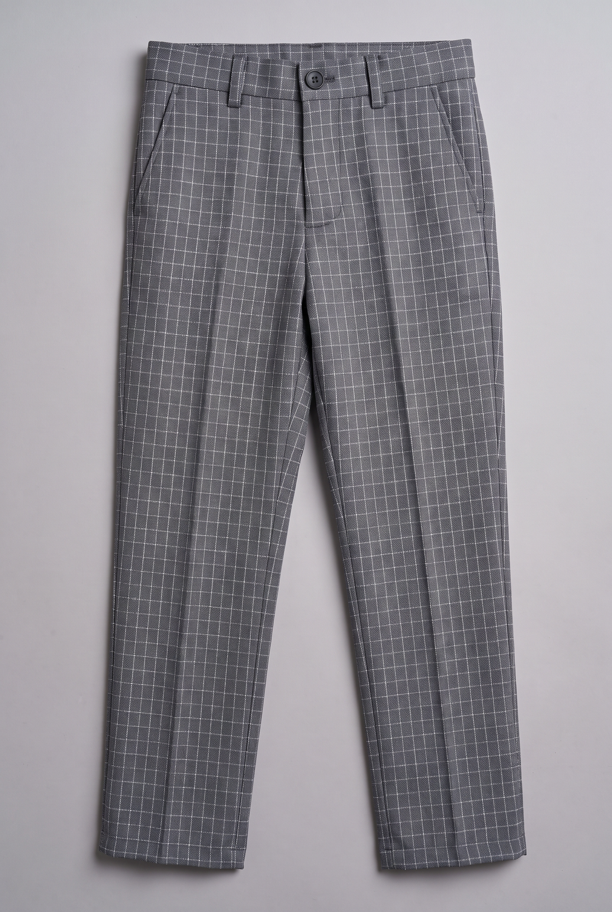 Boys 5-Piece Textured Micro Windowpane Check Suit - KARELI- Charcoal Grey Trousers Front Picture
