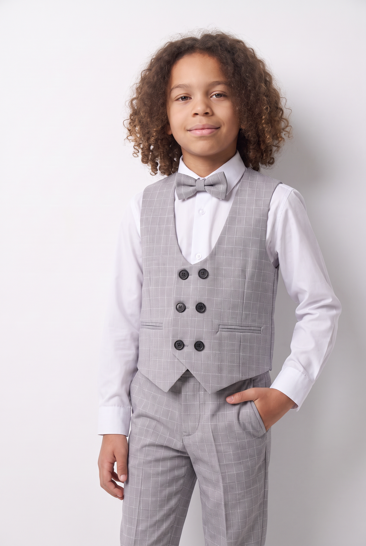 Boys 5-Piece Textured Micro Windowpane Check Suit - KARELI- Light Grey model waistcoat picture