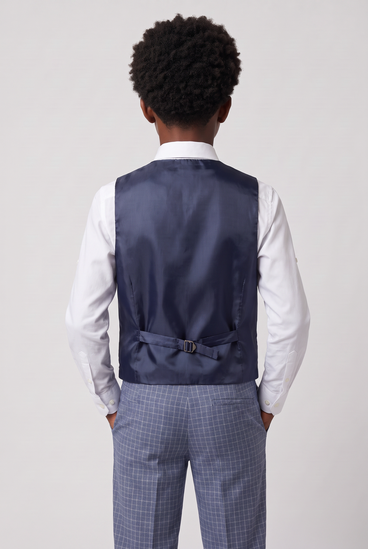 Boys 5-Piece Textured Micro Windowpane Check Suit - KARELI- Navy Back Picture