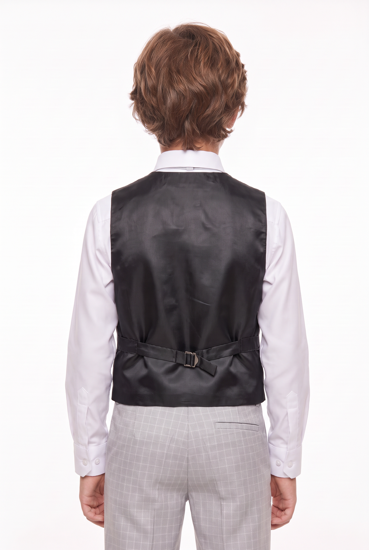 Boys 5-Piece Textured Micro Windowpane Check Suit - KARELI- Stone Model Back Picture
