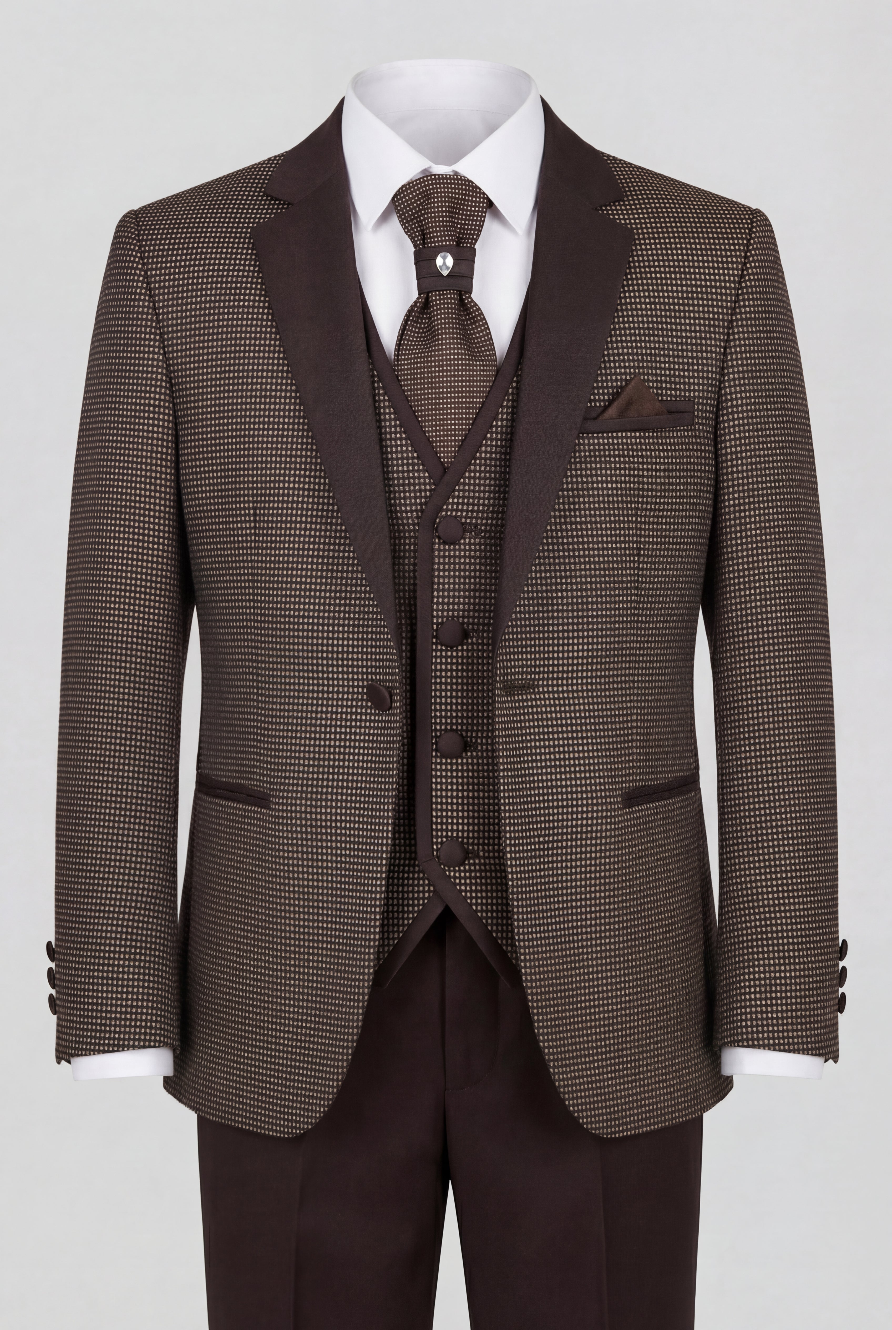 Boys 5-Piece Textured Microcheck Suit - Brown Picture