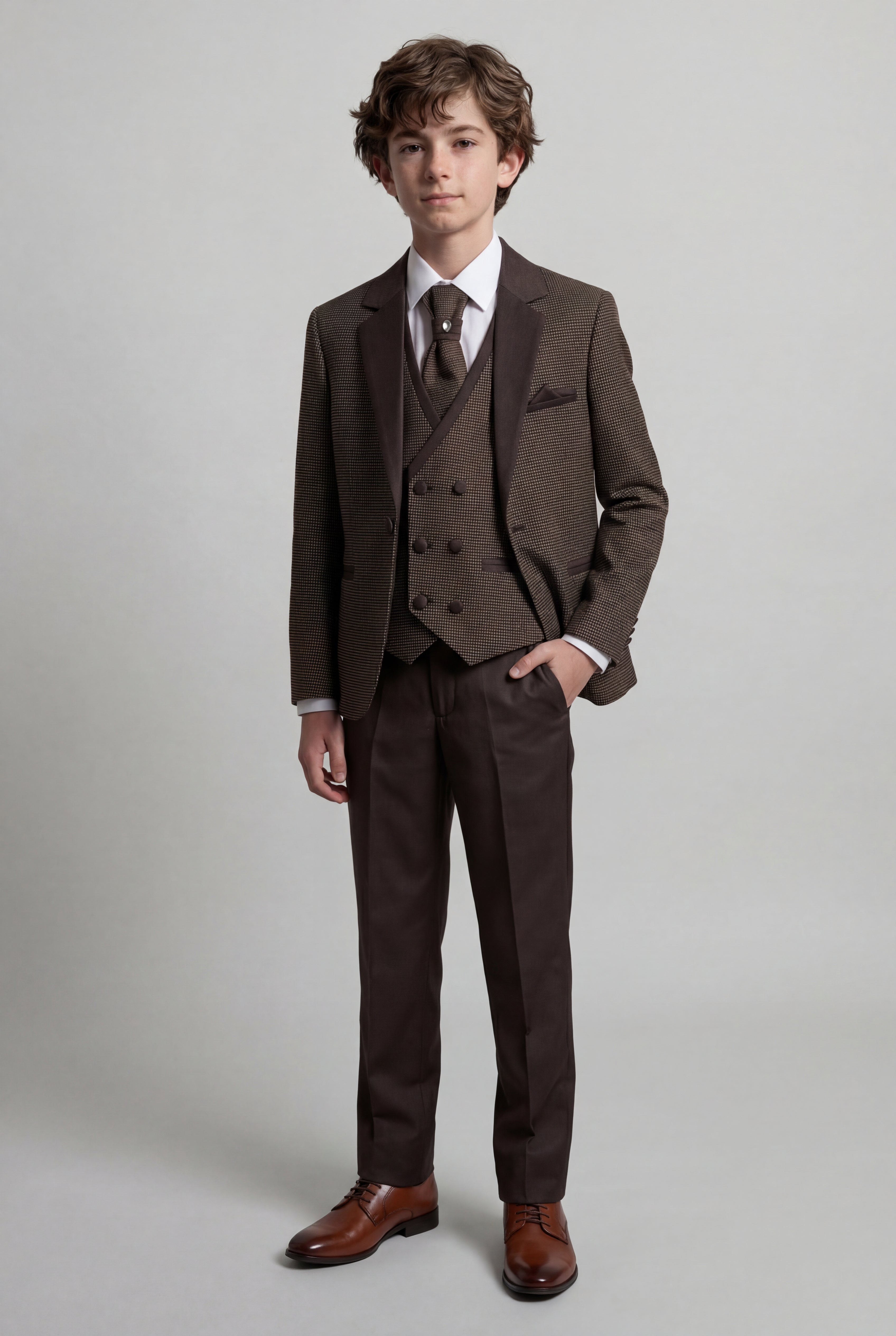 Boys 5-Piece Textured Microcheck Suit - Brown Front Picture