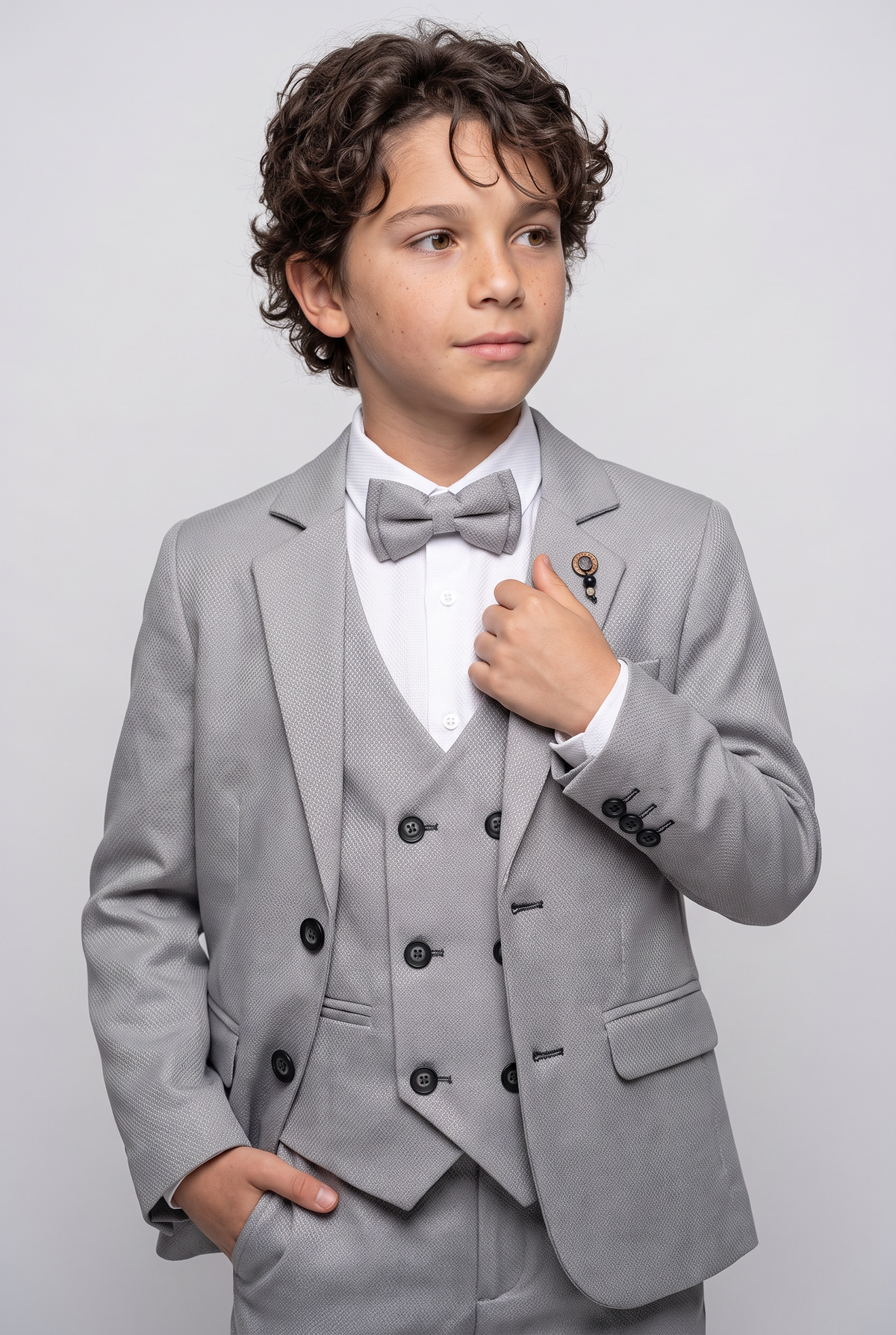 Boys 5-Piece Textured Suit with Double Breasted Waistcoat - Sota Light Grey Model Picture