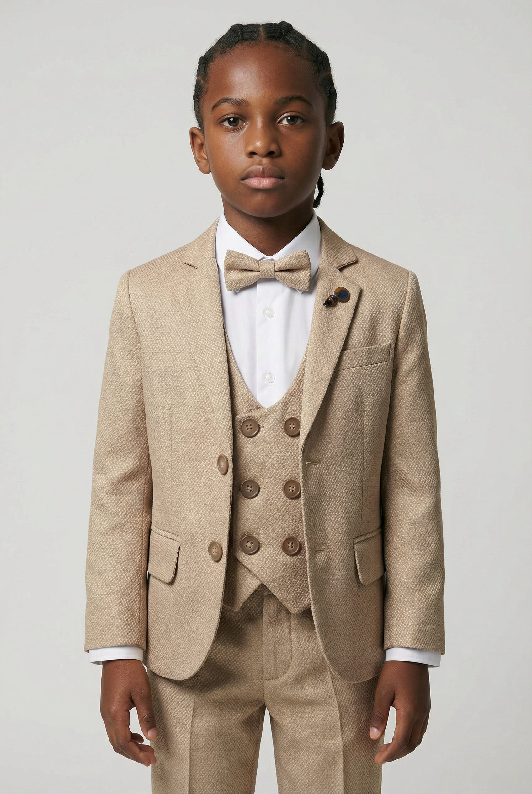 Boys 5-Piece Textured Weave Suit with Double Breasted Waistcoat - Light Brown