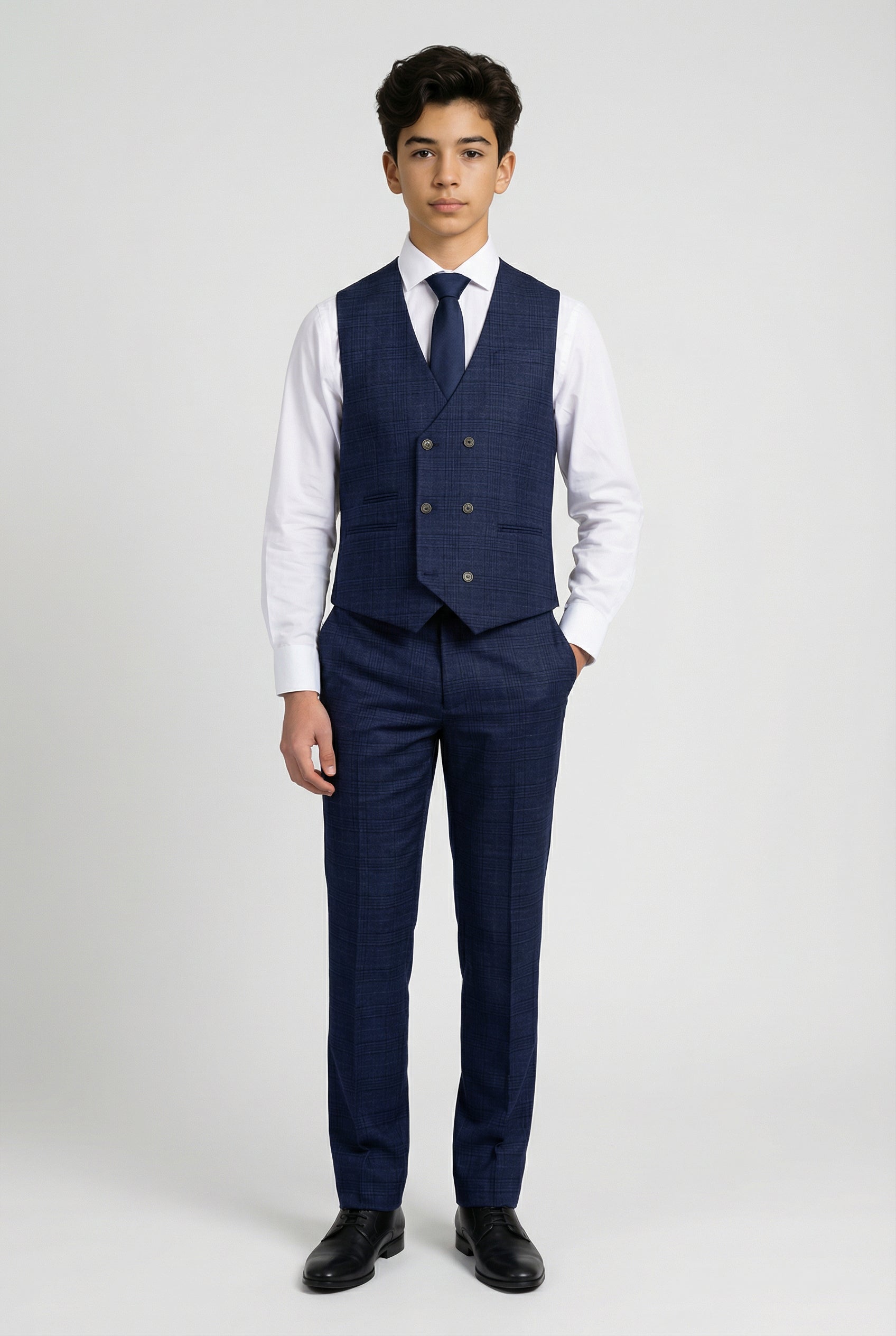 Boys 5-Piece Tweed Like Glen Check Suit - Luis Navy Waistcoat