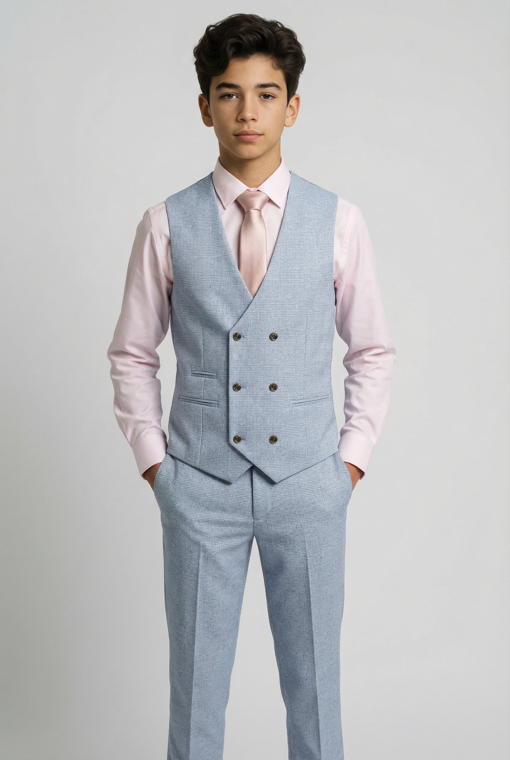 Boys 5-Piece Tweed Like Glen Check Suit - Luis Pale Blue Waistcoat Picture