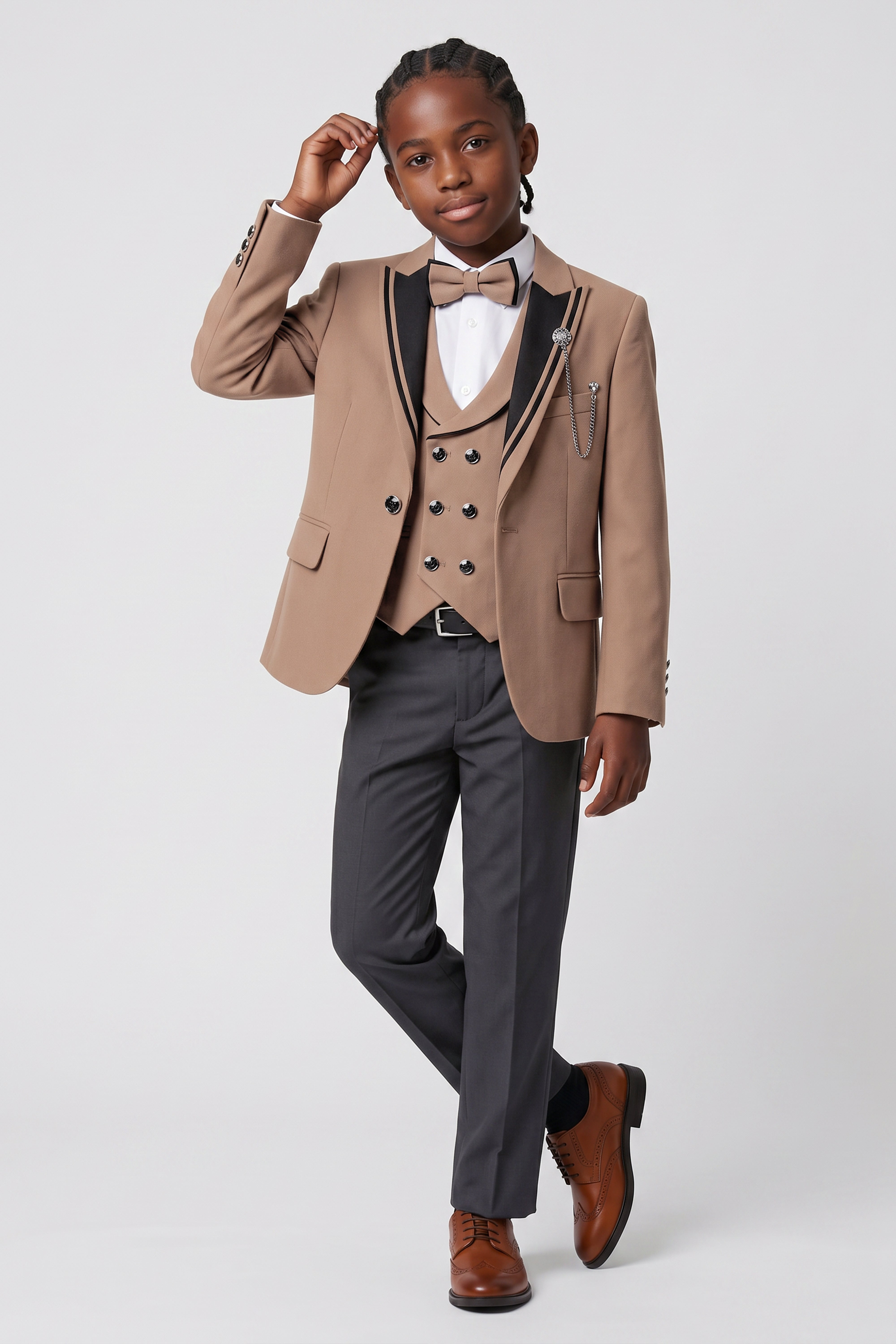 Costume de dîner smoking garçon 6 pièces avec gilet croisé - DAMATLIK W - Marron Camel