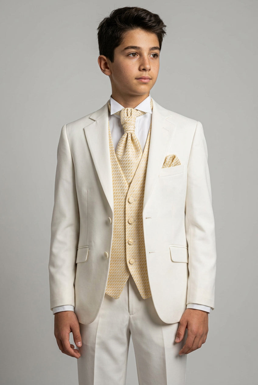 Conjunto de traje entallado de 6 piezas para niños para comunión - Blanco roto - Dorado