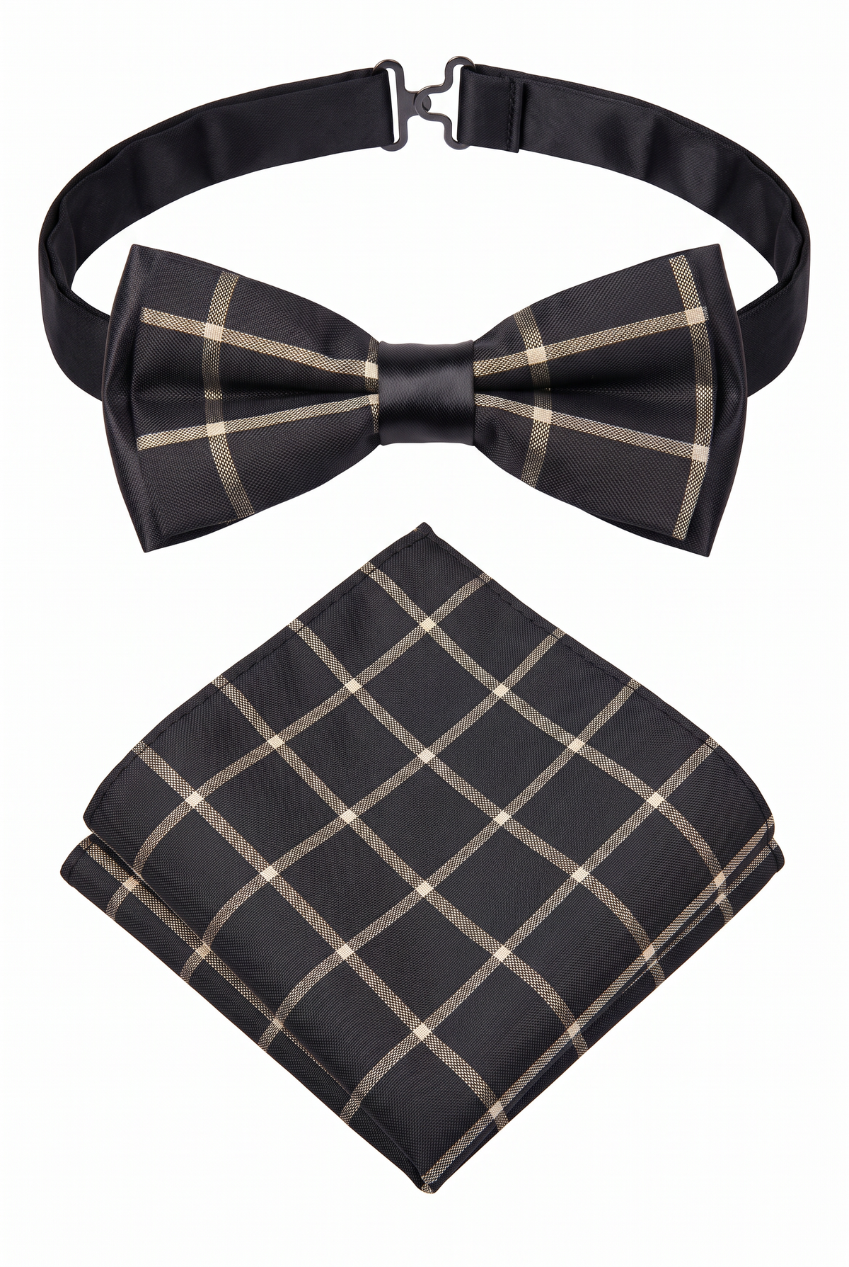 Boys adjustable checkered bow tie with matching folded pocket square in black and gold