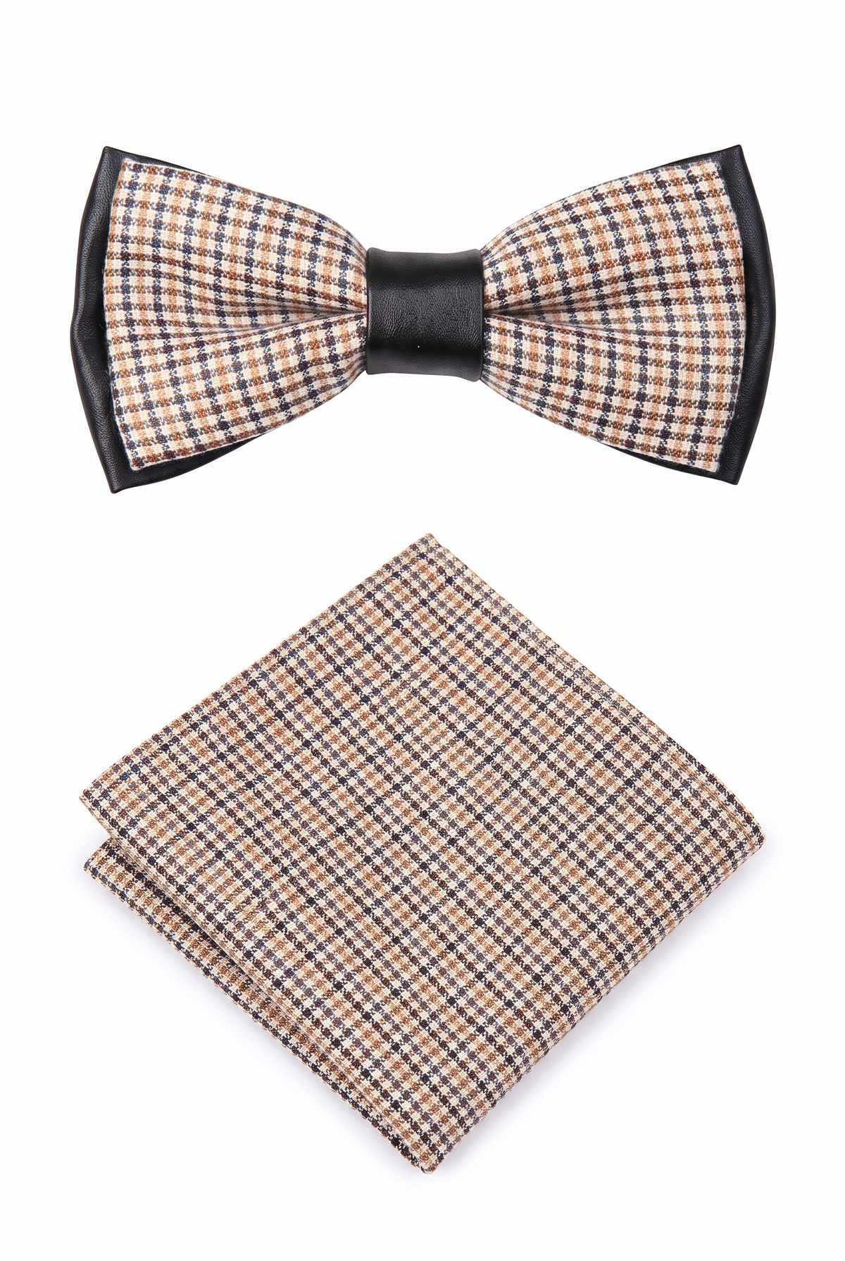 Boys checkered pre-tied bow tie with matching pocket square in black and orange