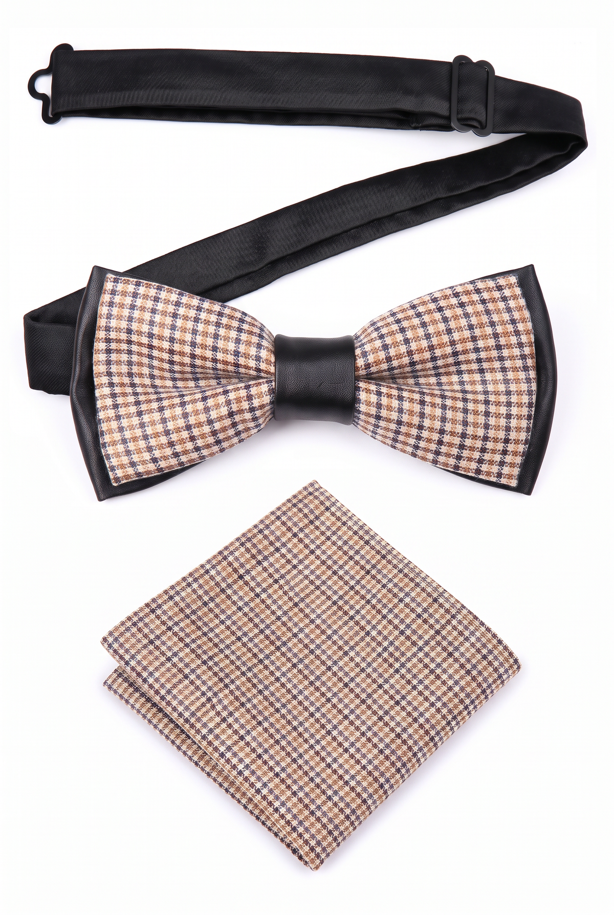 Boys checkered pre-tied bow tie and matching pocket square with adjustable neck strap in black and orange