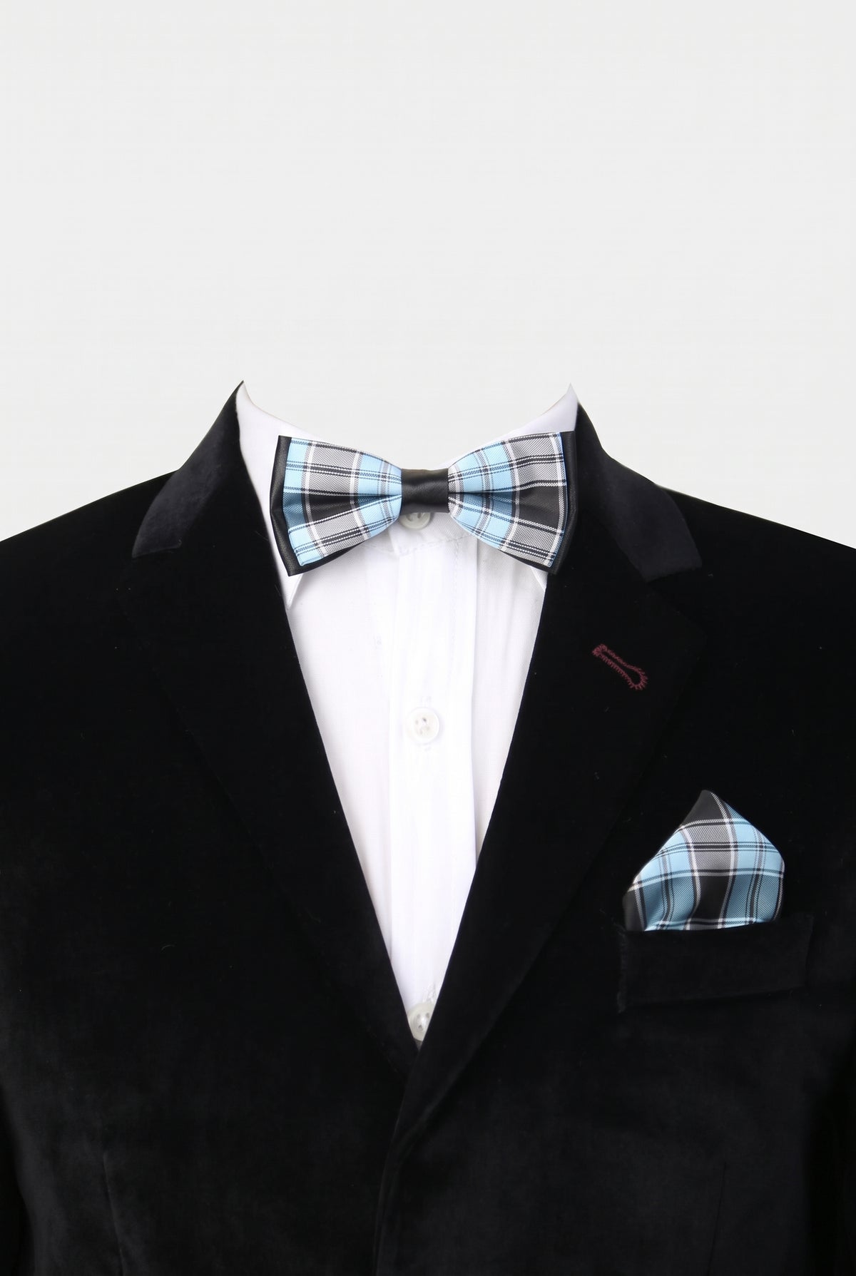 1. Boys checkered bow tie and matching pocket square styled with a formal suit ib blue and black