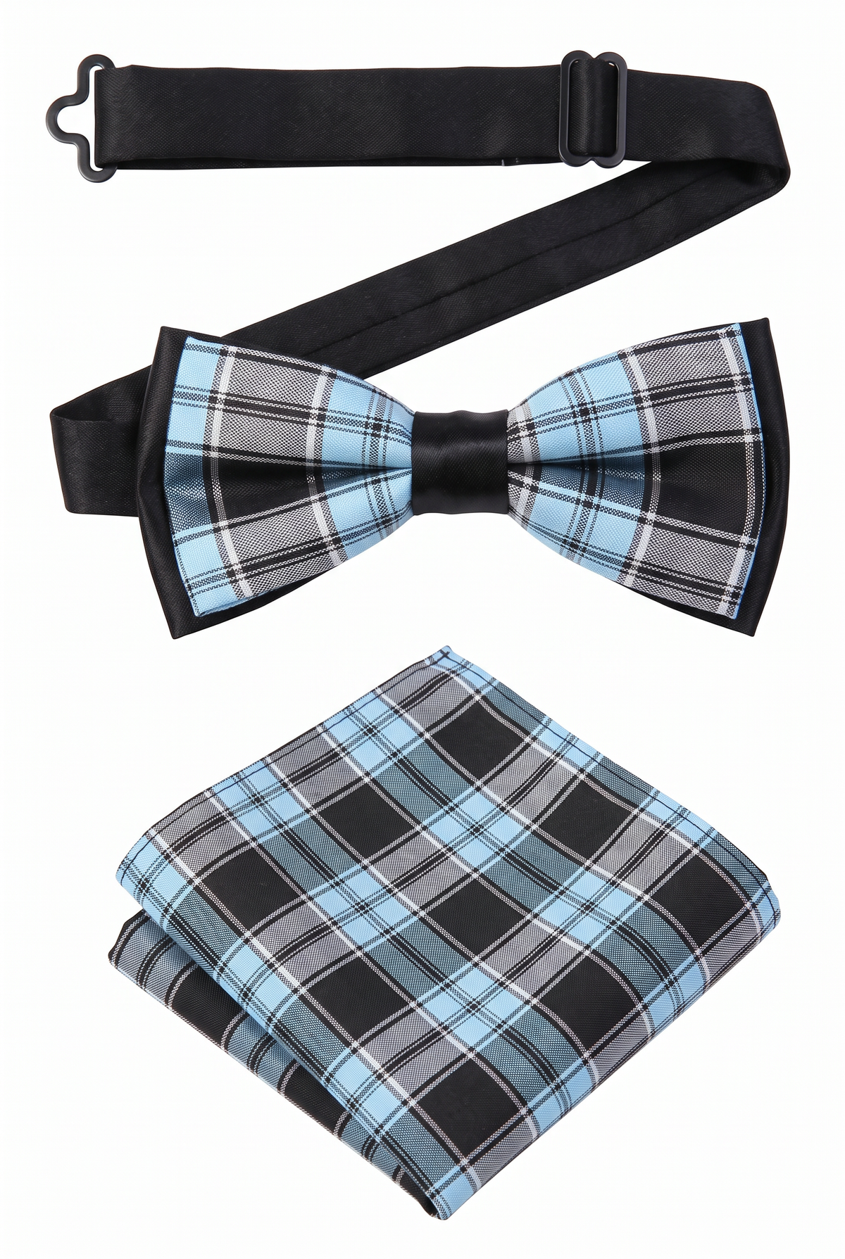 Boys checkered pre-tied bow tie and matching pocket square with adjustable neck strap blue and black