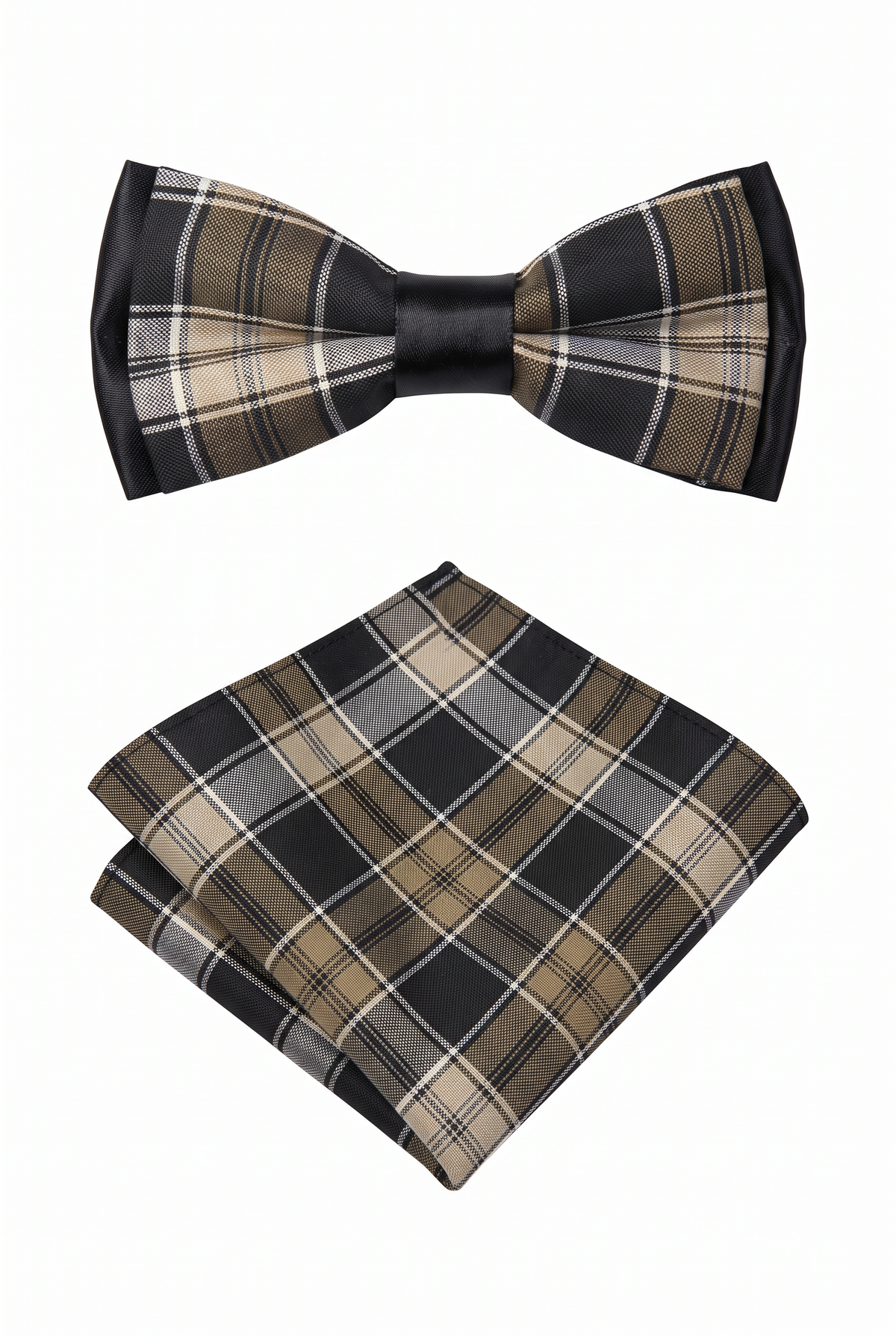 Boys Adjustable Pre-Tied Checkered Bow Tie & Pocket Square Set - Brown and Beige
