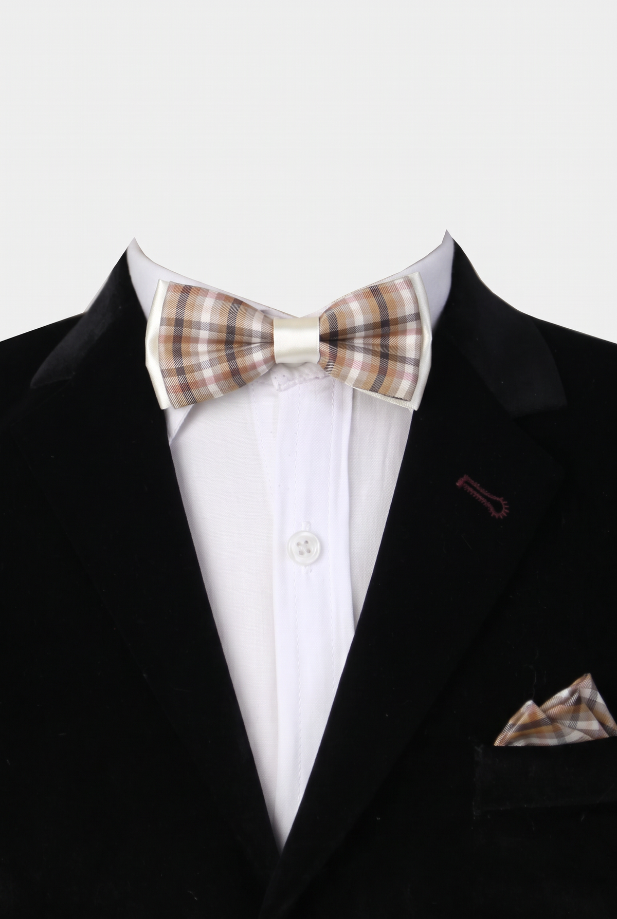 Boys checkered bow tie and matching pocket square styled with a formal suit in brown and white