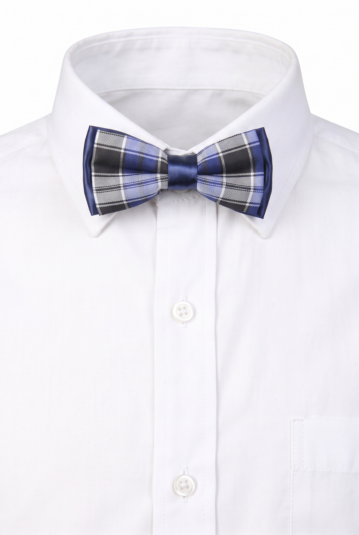 Boys checkered pre-tied bow tie worn with a white formal shirt in navy and black