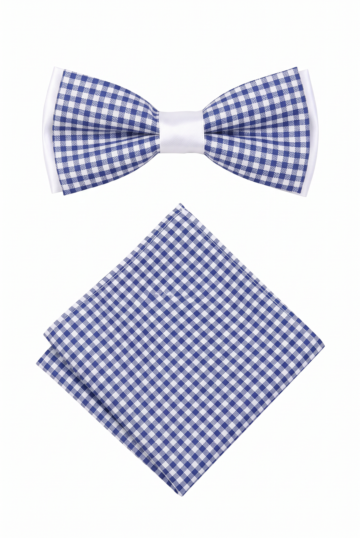 Boys checkered pre-tied bow tie with matching pocket square in navy and white