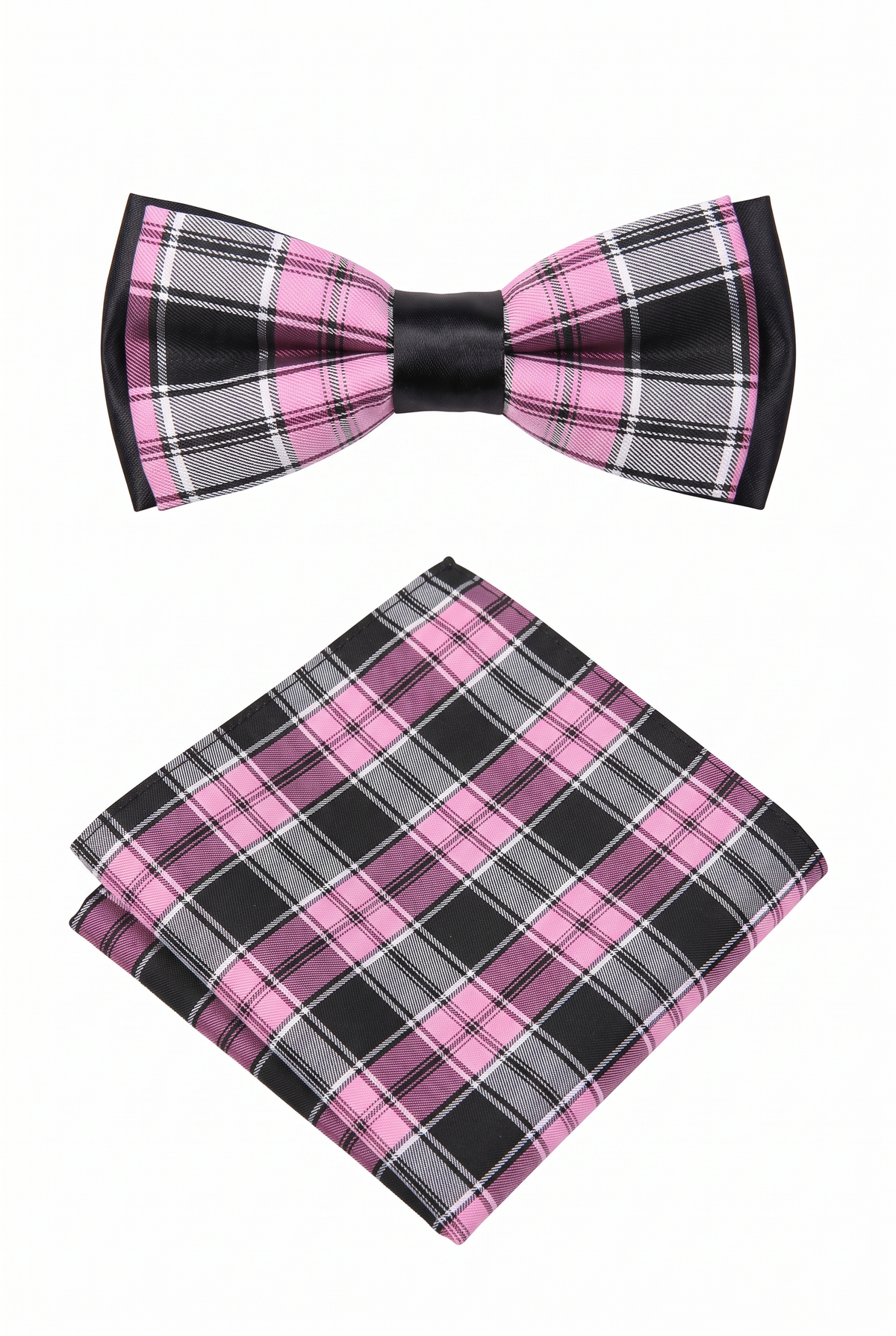 Boys checkered pre-tied bow tie with matching pocket square in pink and grey