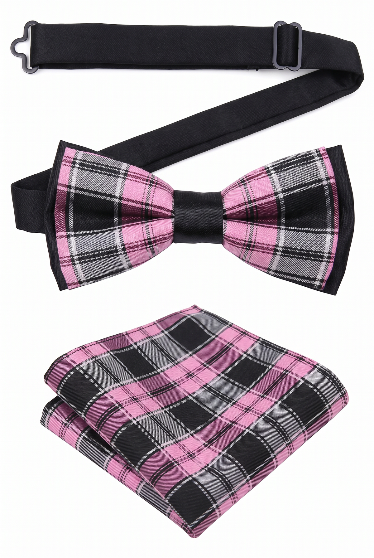 Boys checkered pre-tied bow tie and matching pocket square with adjustable neck strap in pink and grey