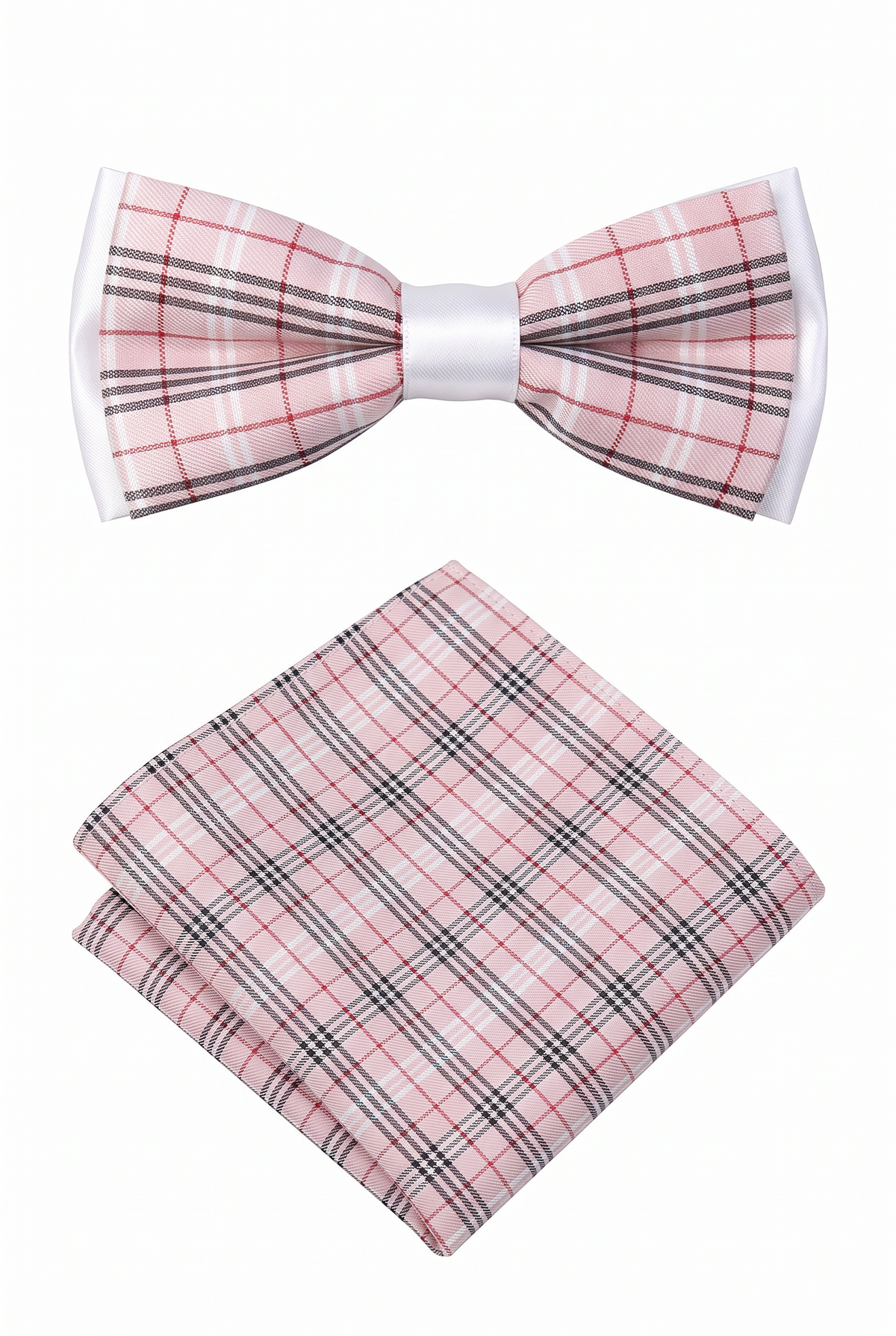 Boys checkered pre-tied bow tie with matching pocket square in pink and red