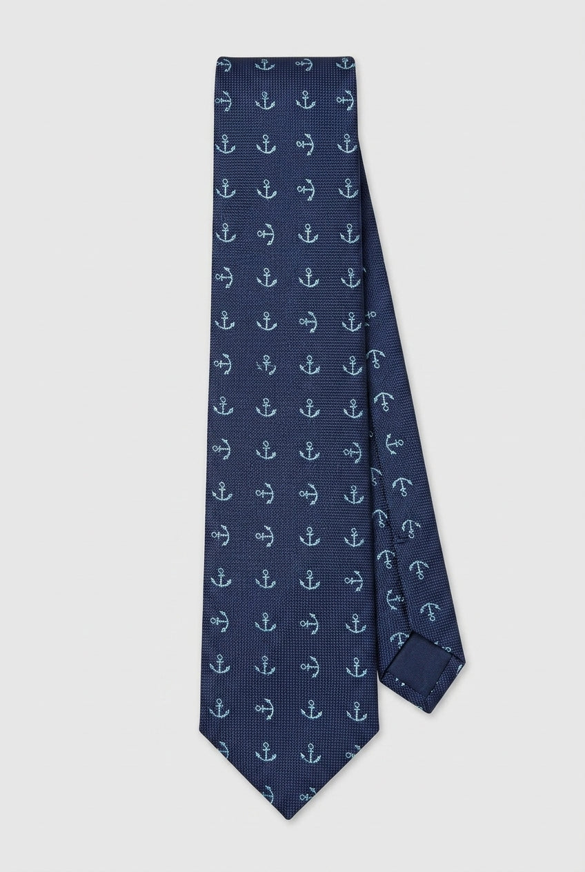 Jungen Schlanker Krawatte mit Anker-Muster – Marineblau & Himmelblau