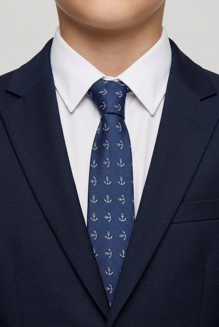 Jungen Krawatte mit Anker-Muster – Marineblau & Weiß, schmal