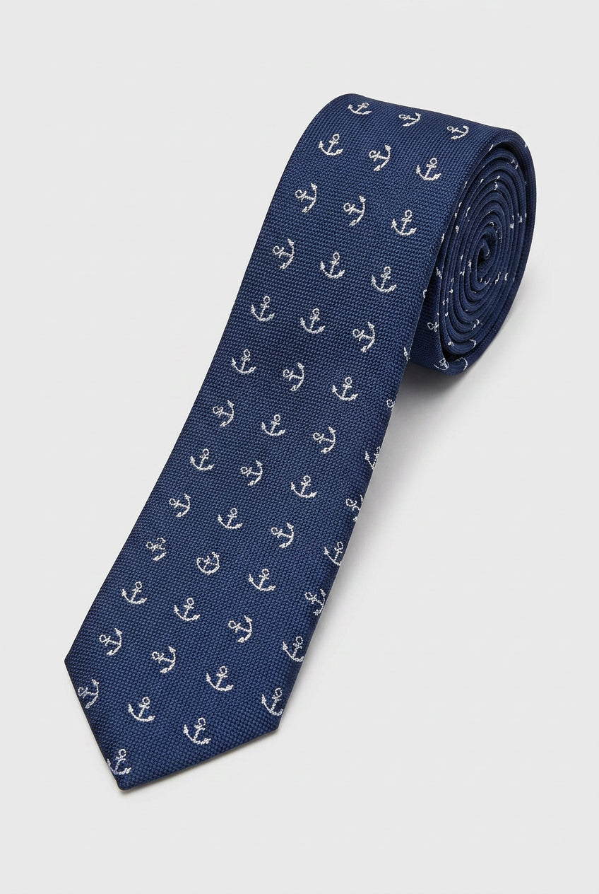 Jungen Krawatte mit Anker-Muster – Marineblau & Weiß, schmal