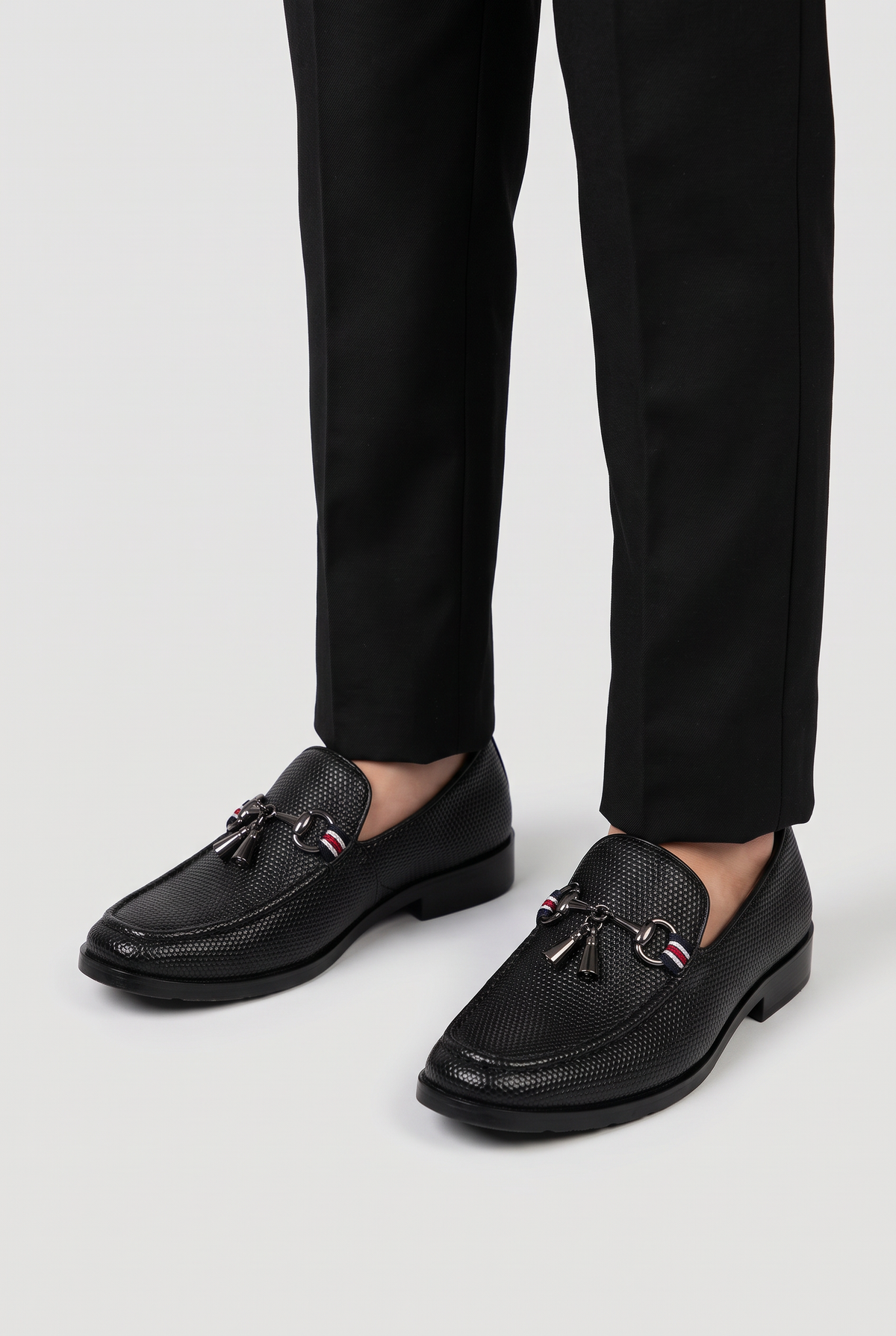 Boys Black Textured Slip-On Loafer Shoes - Sevva Pierre Black Model Picture