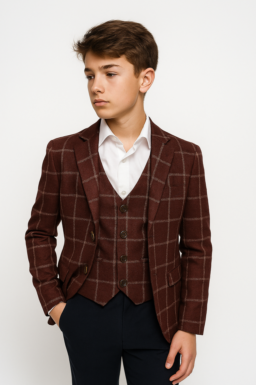 Ensemble blazer et gilet à carreaux bordeaux pour garçon – Costume formel 2 pièces